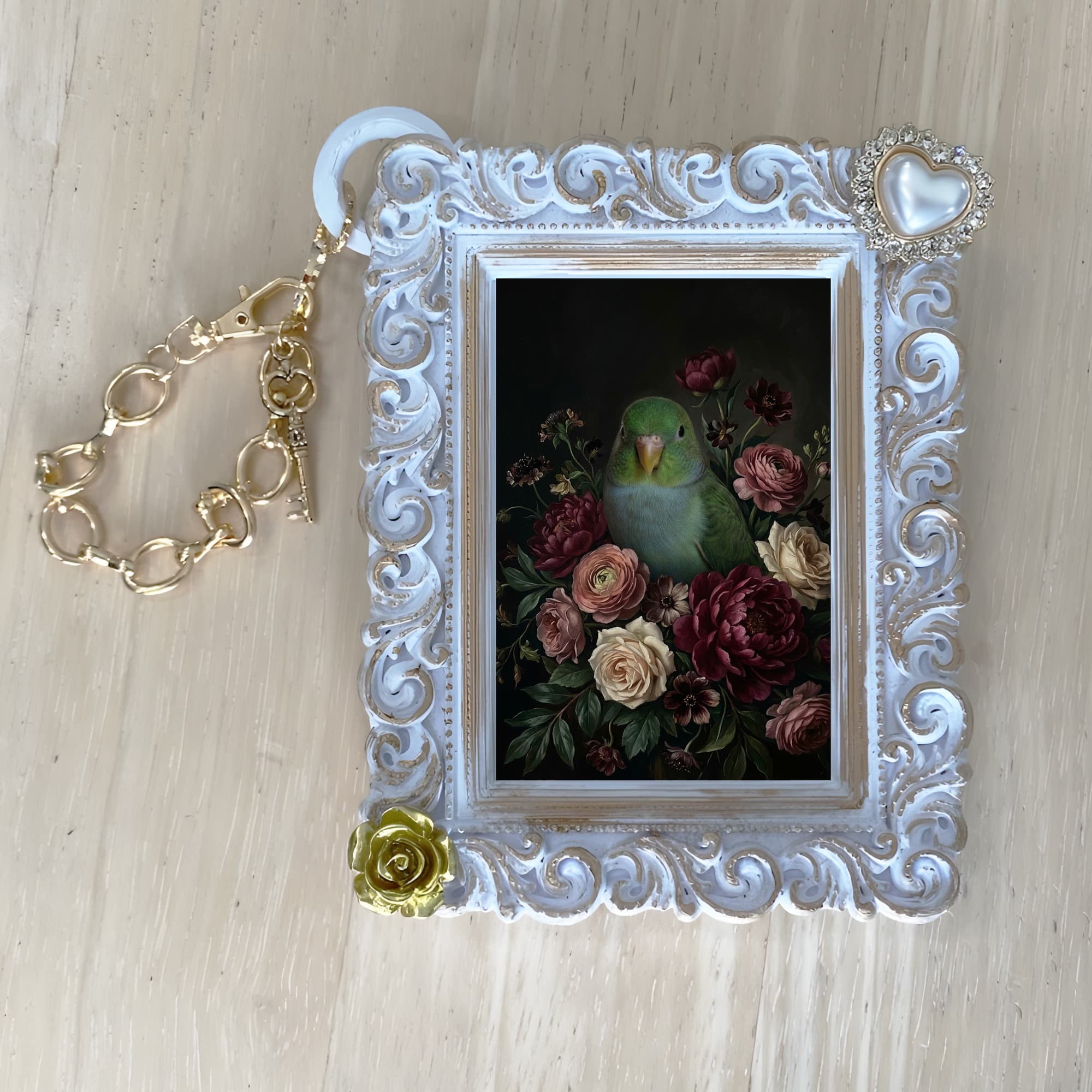 Lineolated Parakeet Floral Oil-Painting Floral Bag Charm (White) 4