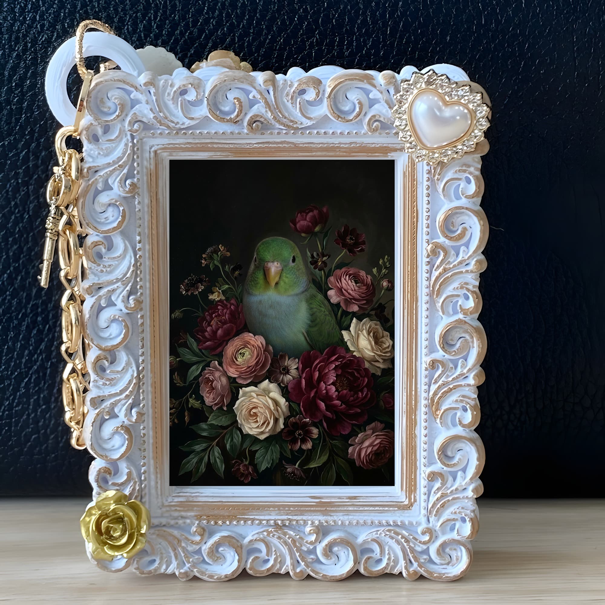 Lineolated Parakeet Floral Oil-Painting Floral Bag Charm (White) 5