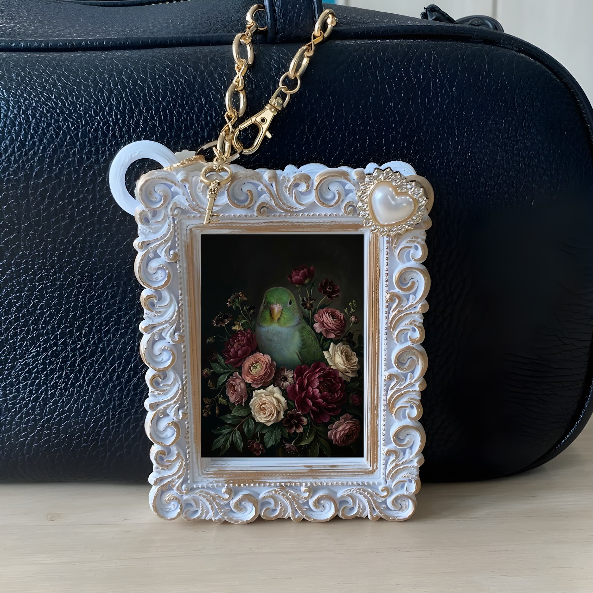 Lineolated Parakeet Floral Oil-Painting Floral Bag Charm (White) 6