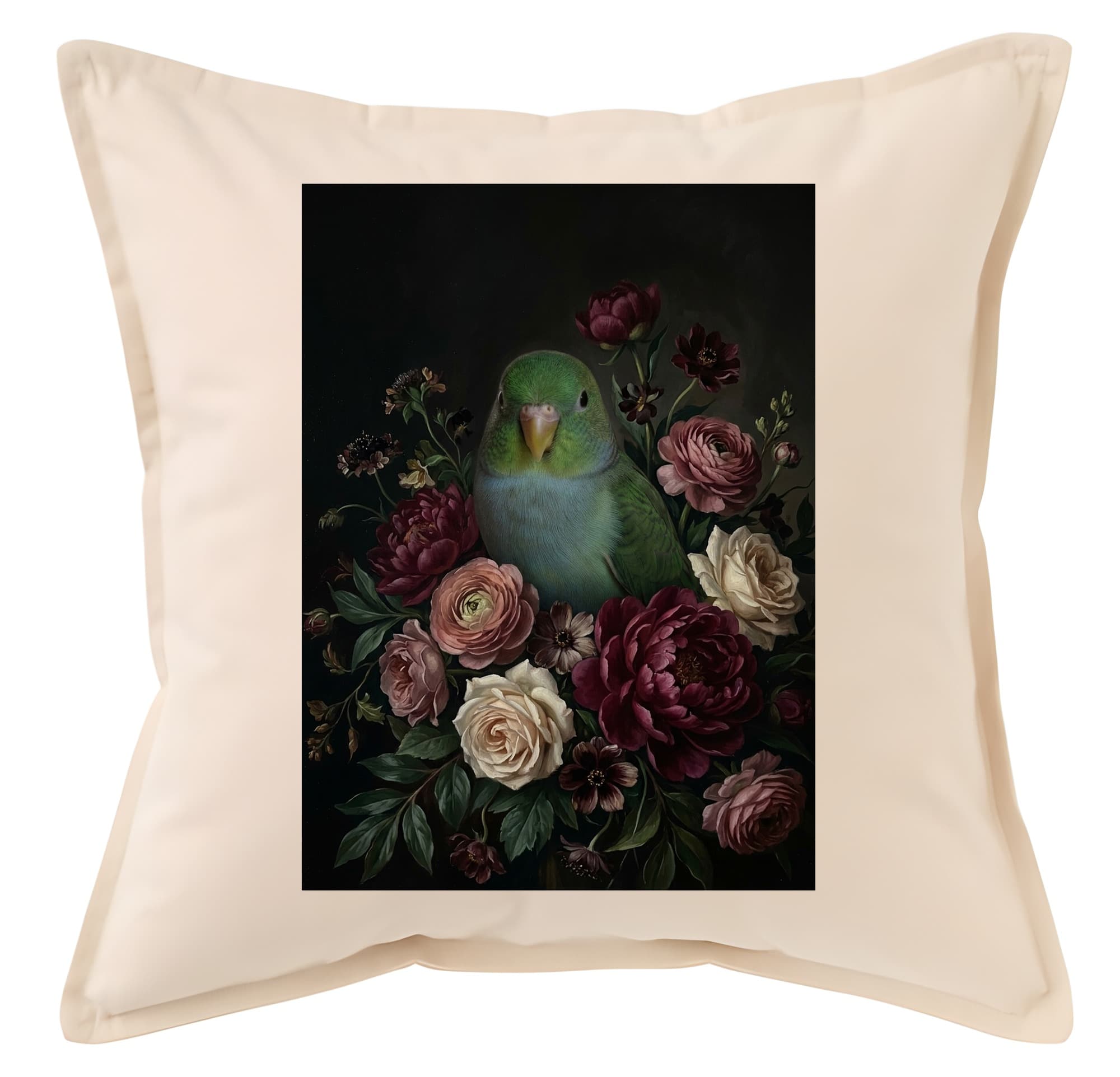 サザナミインコの花の油絵風アート花柄クッション