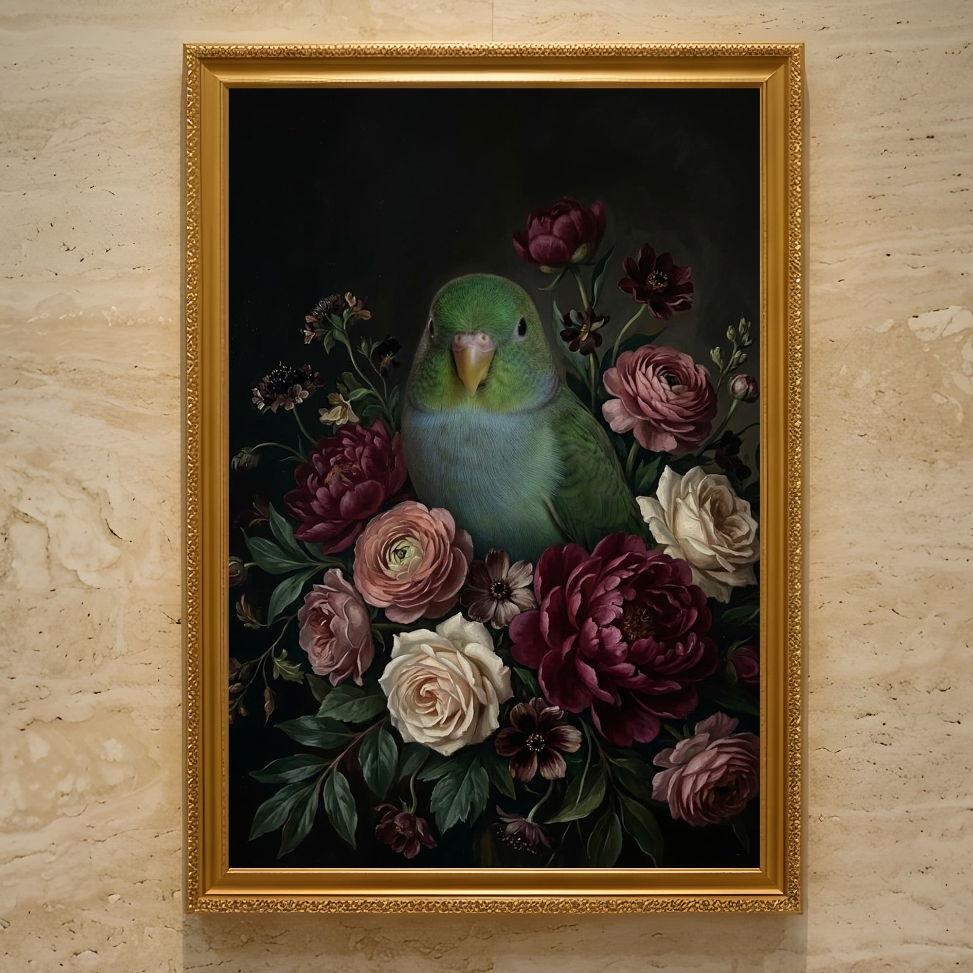 サザナミインコの花の油絵風アート花柄額装プリント(A3サイズ)
