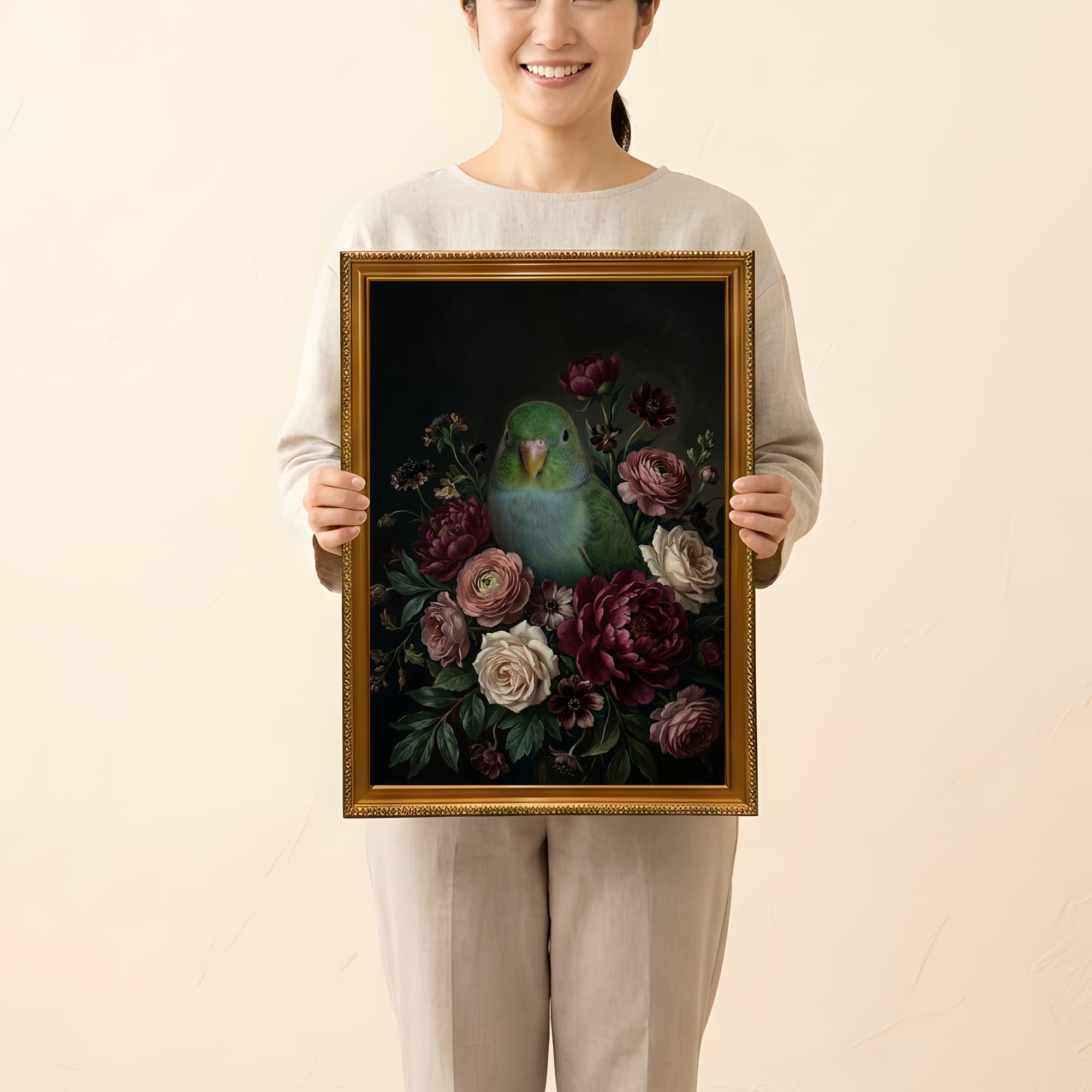 サザナミインコの花の油絵風アート花柄額装プリント(A3サイズ) 2