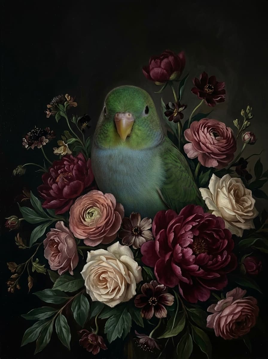 サザナミインコの花の油絵風アート花柄額装プリント(A3サイズ) 4