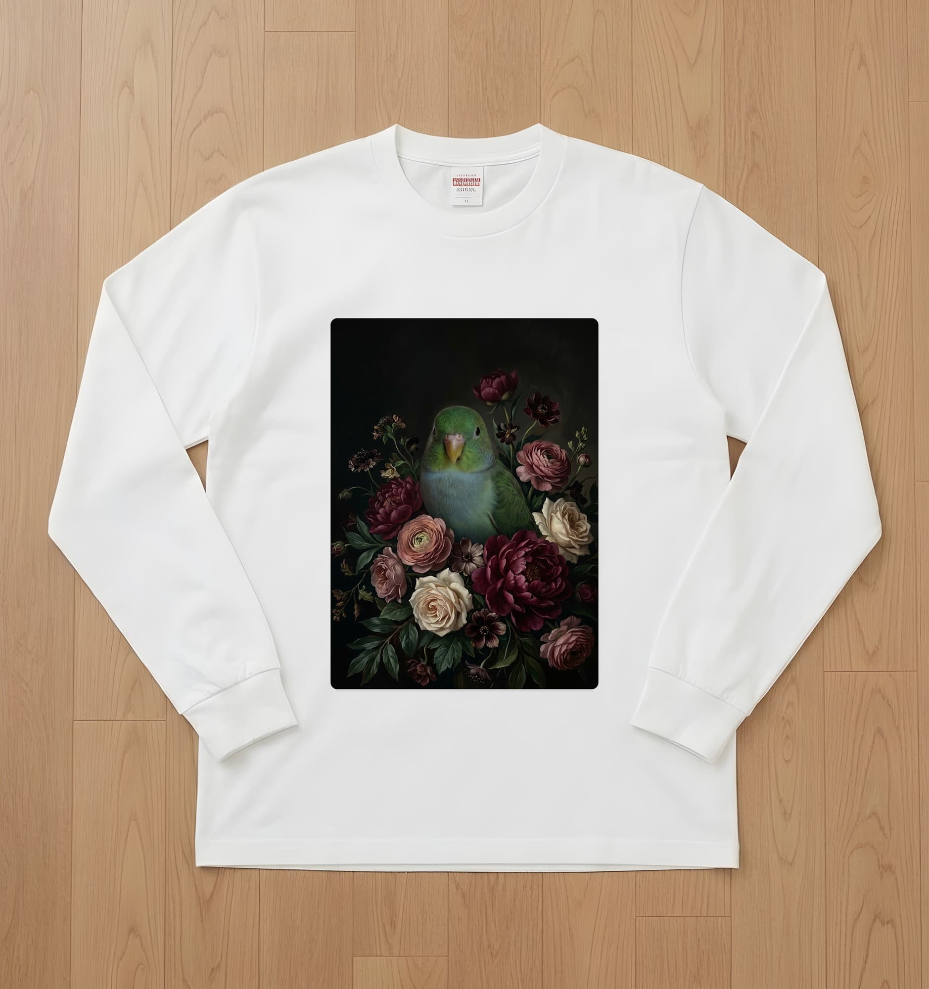 サザナミインコの花の油絵風アート花柄長袖Tシャツ(ホワイト)