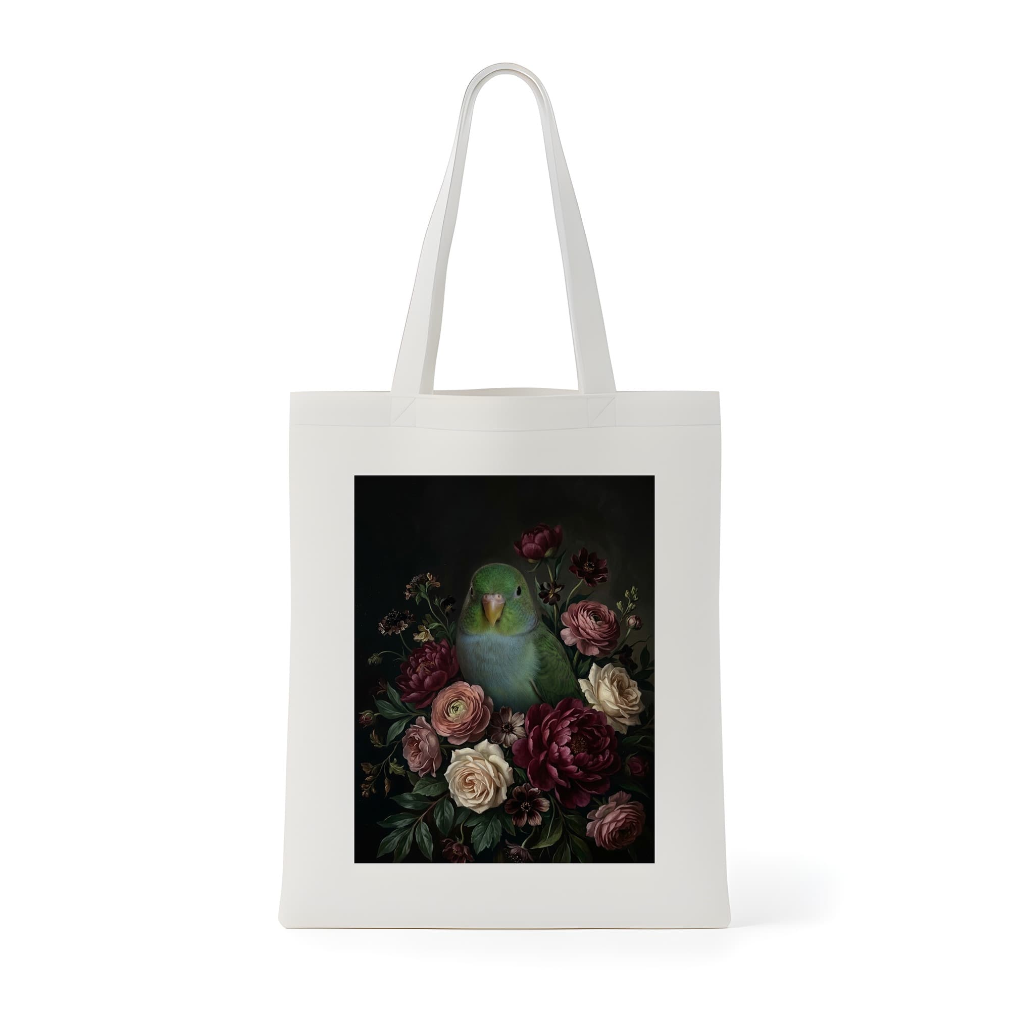 サザナミインコの花の油絵風アート花柄トートバッグ