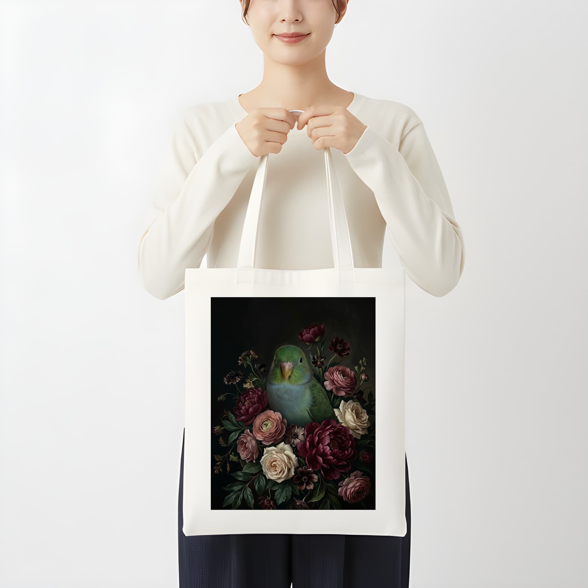 サザナミインコの花の油絵風アート花柄トートバッグ 3