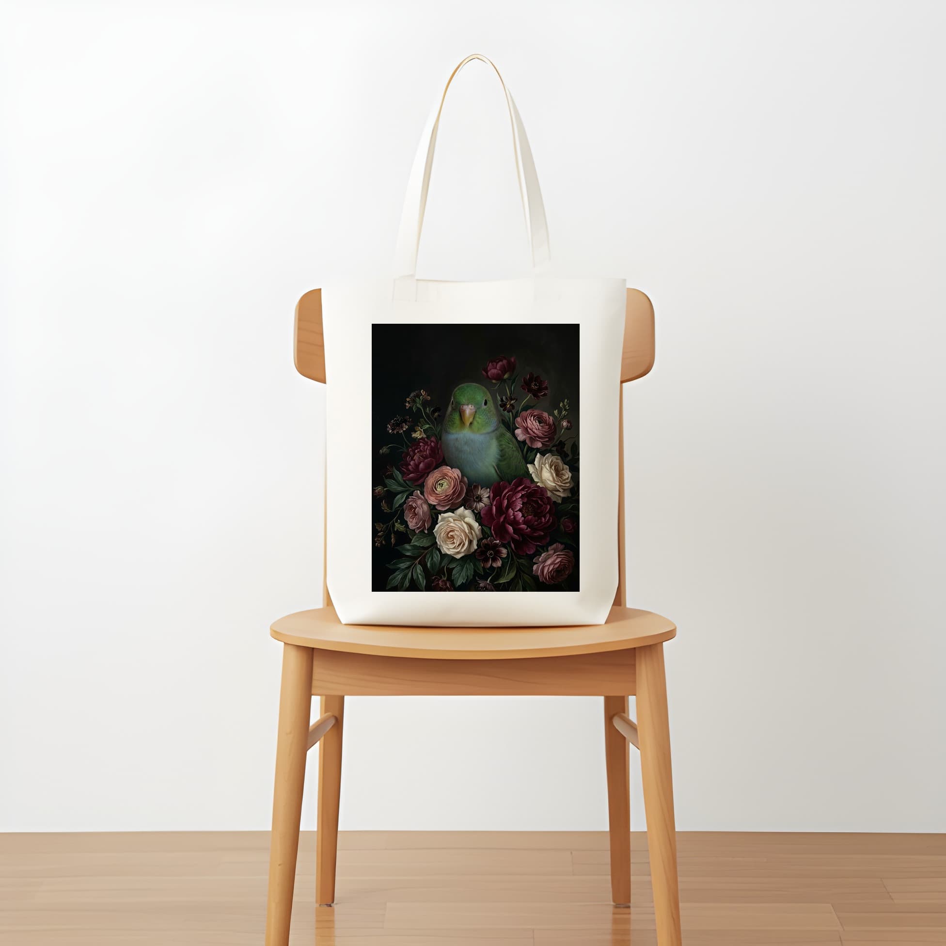 サザナミインコの花の油絵風アート花柄トートバッグ 5