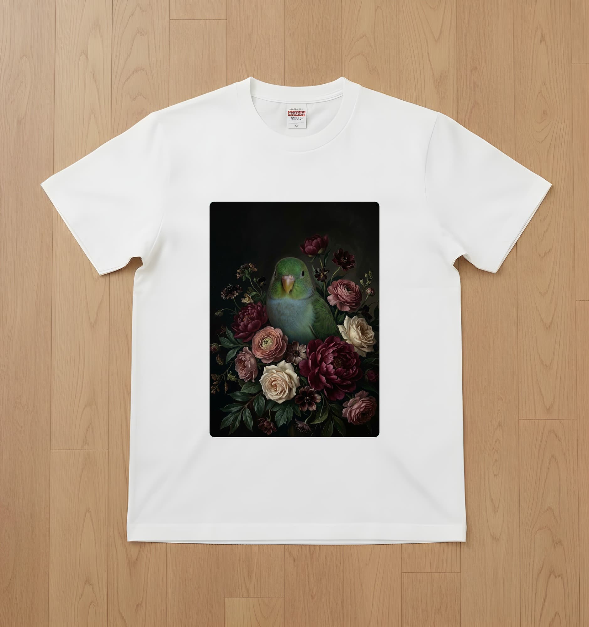 サザナミインコの花の油絵風アート花柄Tシャツ(ホワイト)