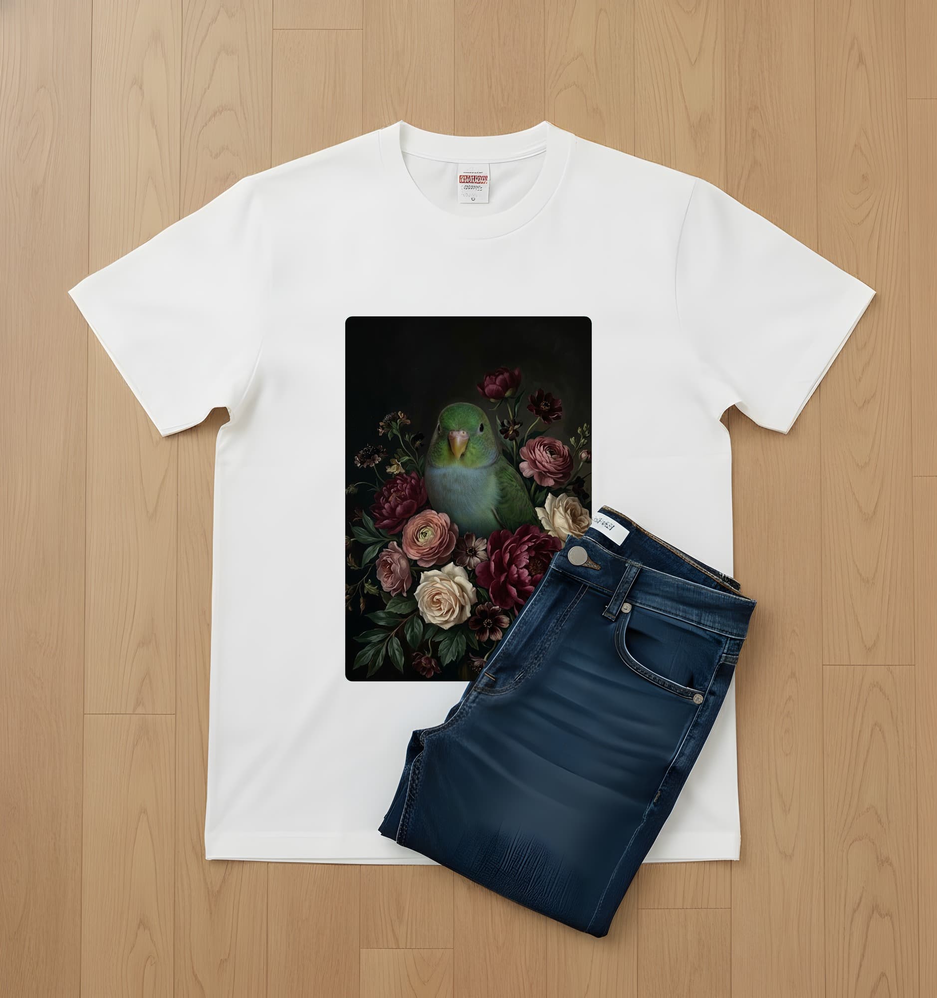 サザナミインコの花の油絵風アート花柄Tシャツ(ホワイト) 2