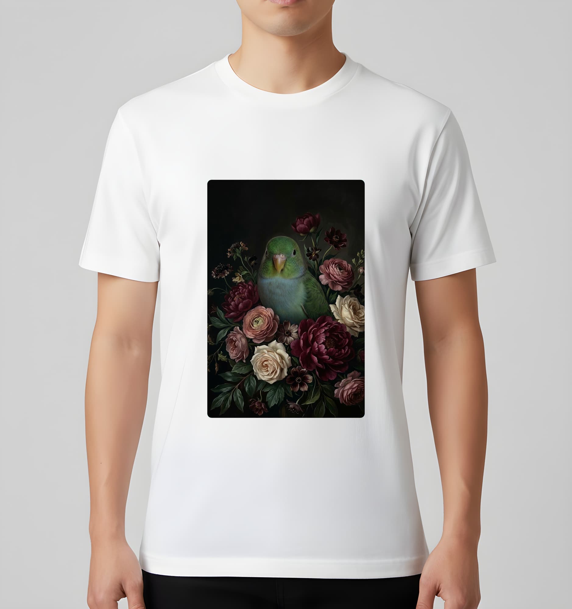 サザナミインコの花の油絵風アート花柄Tシャツ(ホワイト) 3