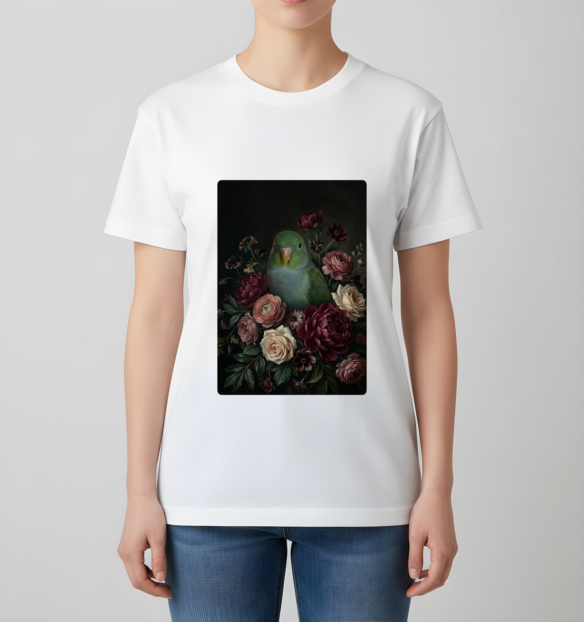 サザナミインコの花の油絵風アート花柄Tシャツ(ホワイト) 4
