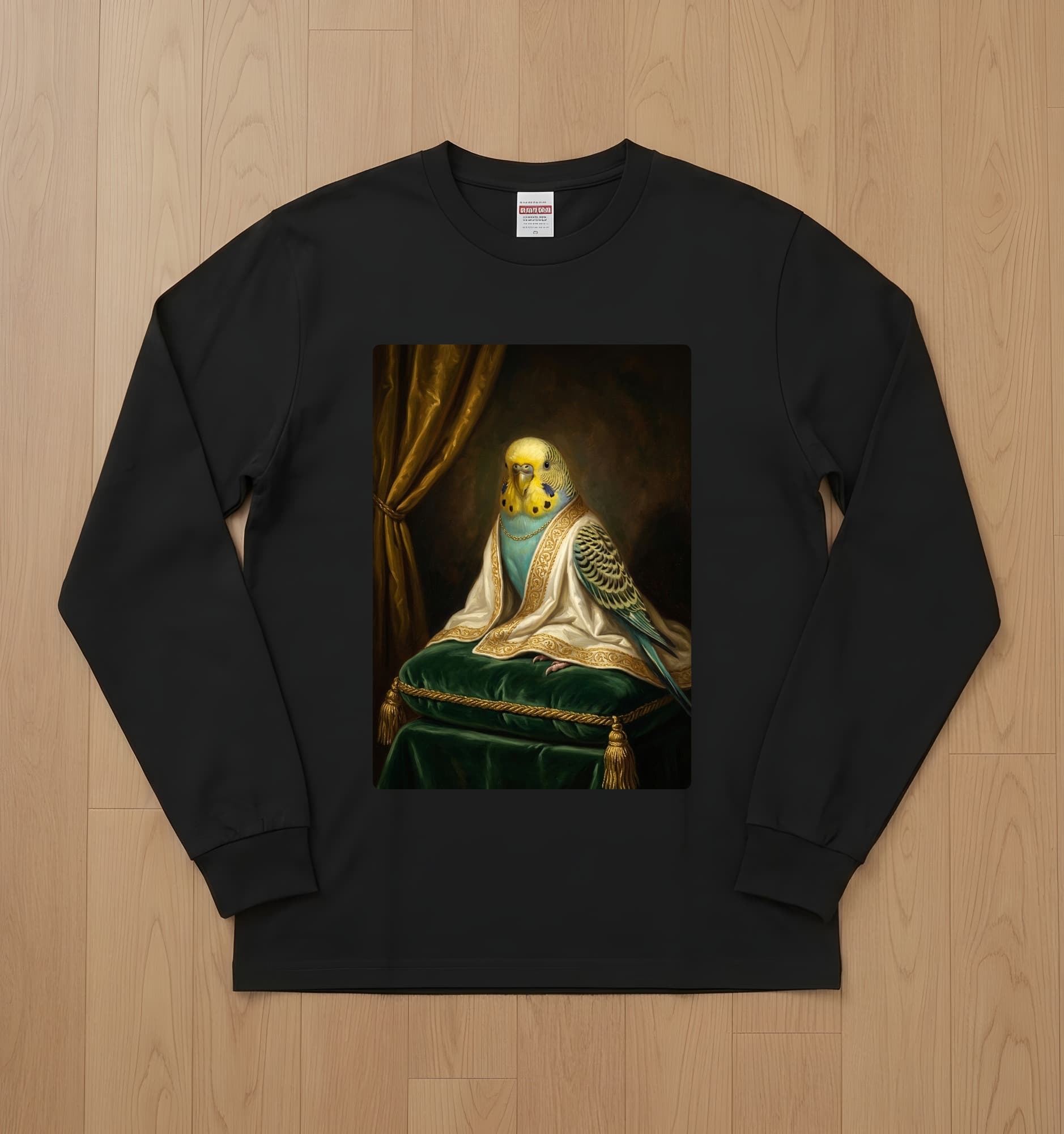 セキセイインコのルネサンス肖像画長袖Tシャツ(ブラック)