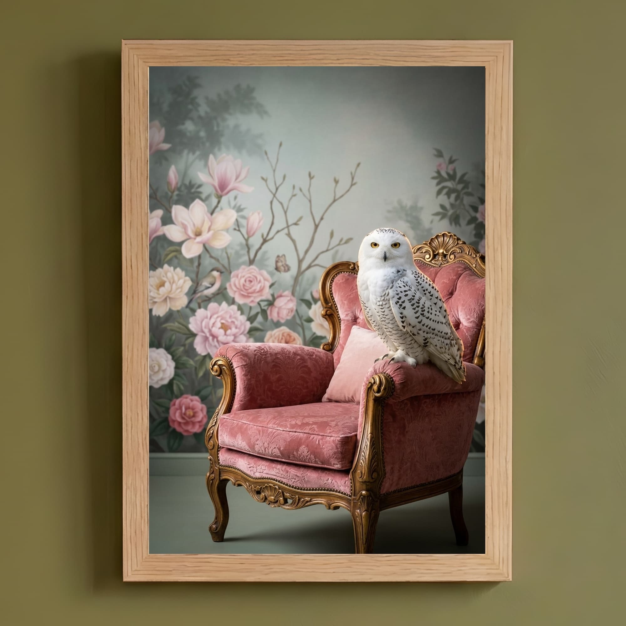 Snowy owl Shabby Pink Oil-Painting Rococo Framed Art Print (A4)