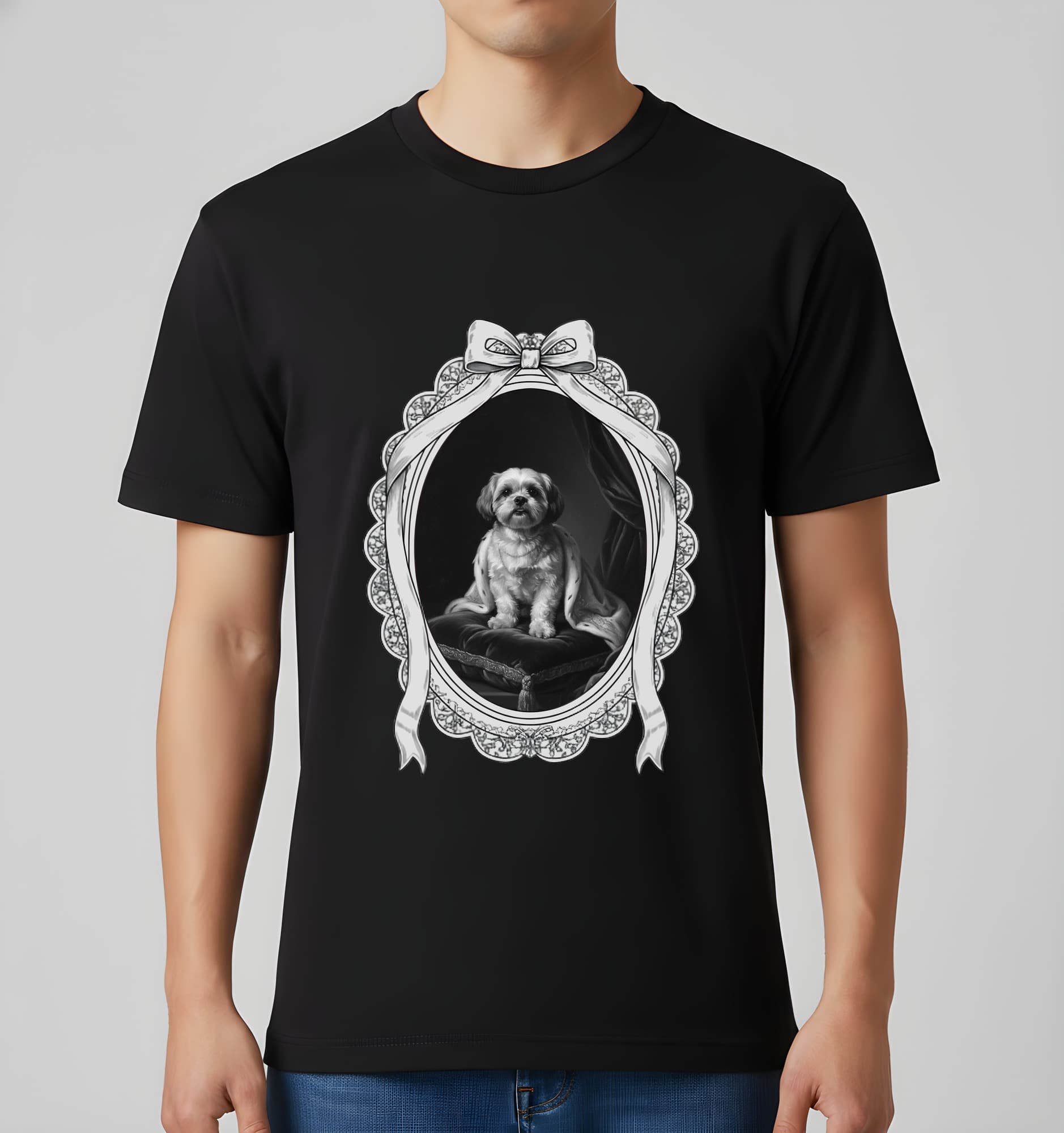 シーズーのルネサンス肖像画Tシャツ(ブラック・モノクロプリント・額縁デザインあり) 2