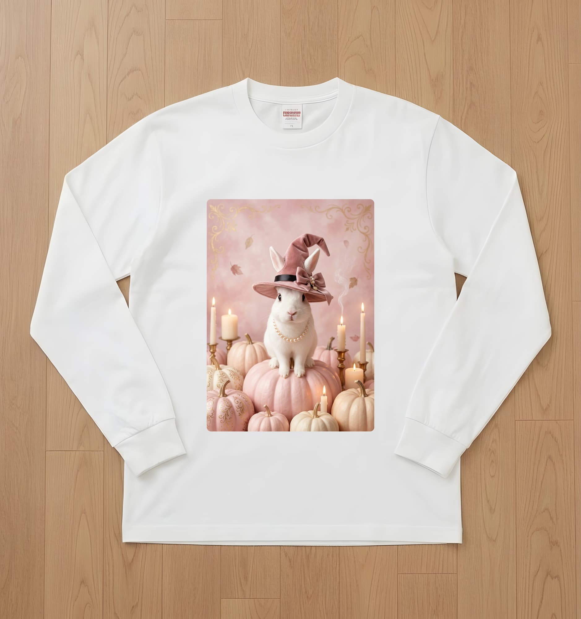 ポーリッシュのかぼちゃとキャンドルの油絵風アートハロウィン長袖Tシャツ(ホワイト)