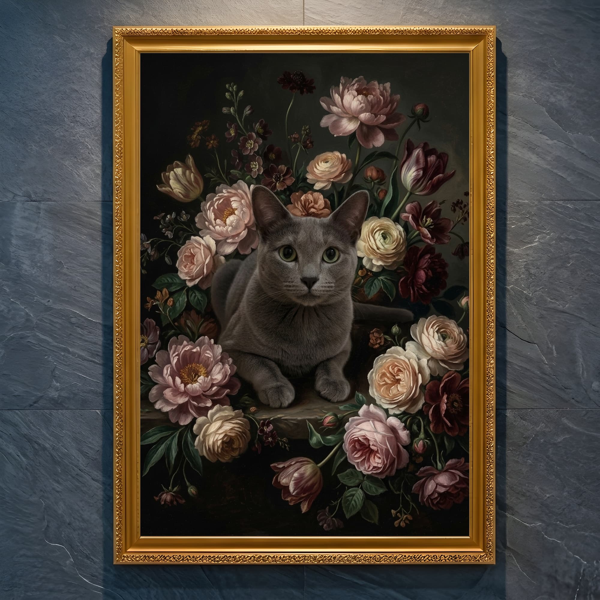 Russian Blue Floral Oil-Painting Floral Framed Art Print (A4 Gold)