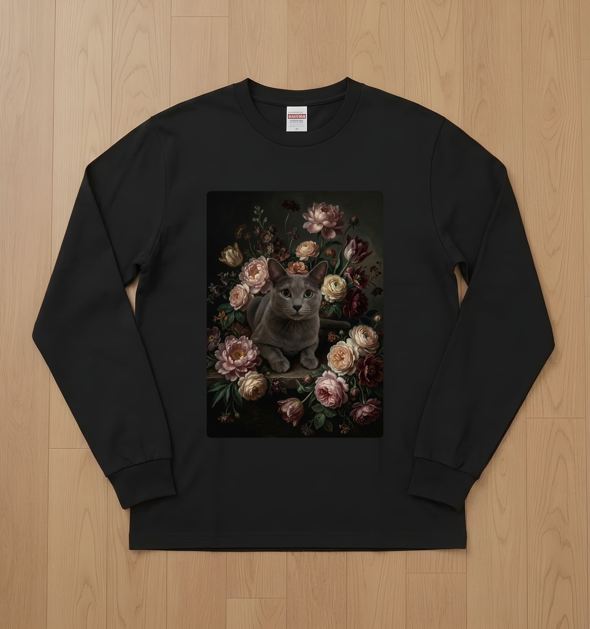 ロシアンブルーの花の油絵風アート花柄長袖Tシャツ(ブラック)
