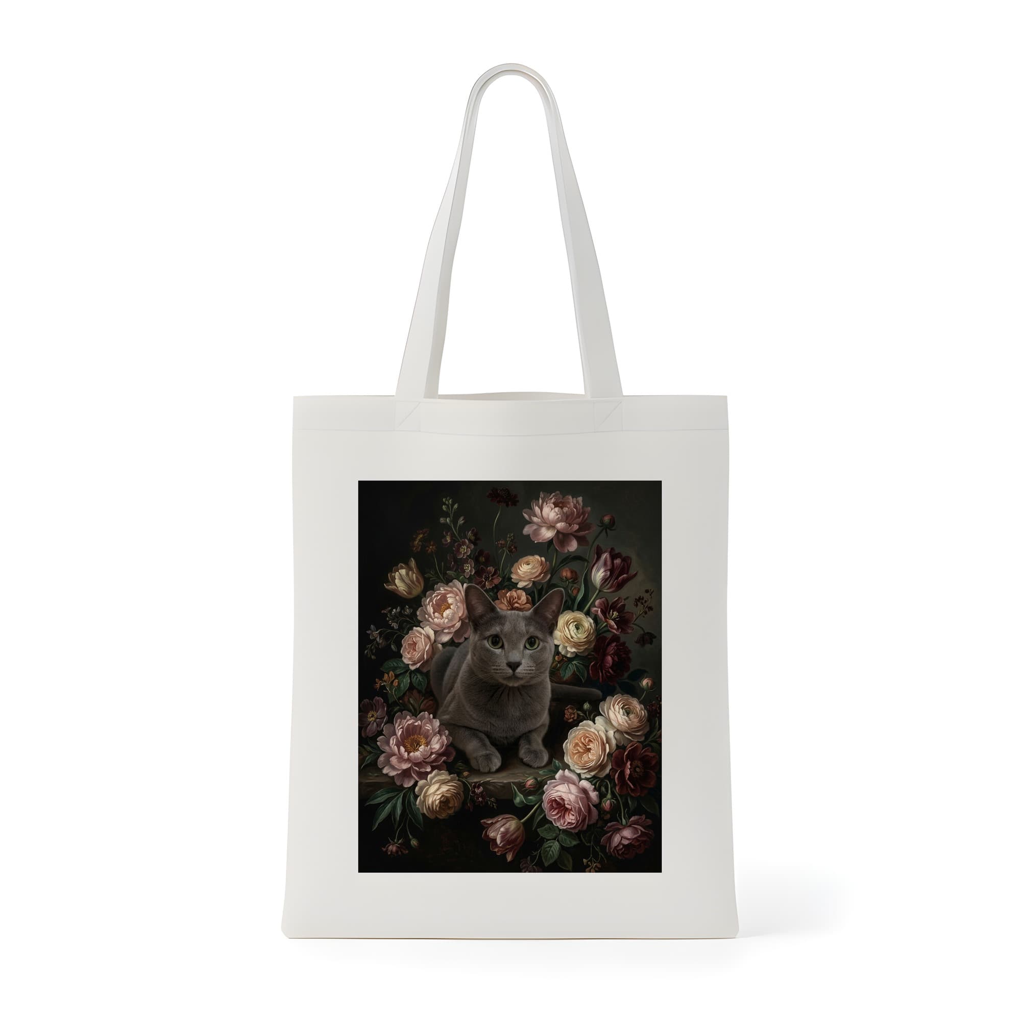 ロシアンブルーの花の油絵風アート花柄トートバッグ