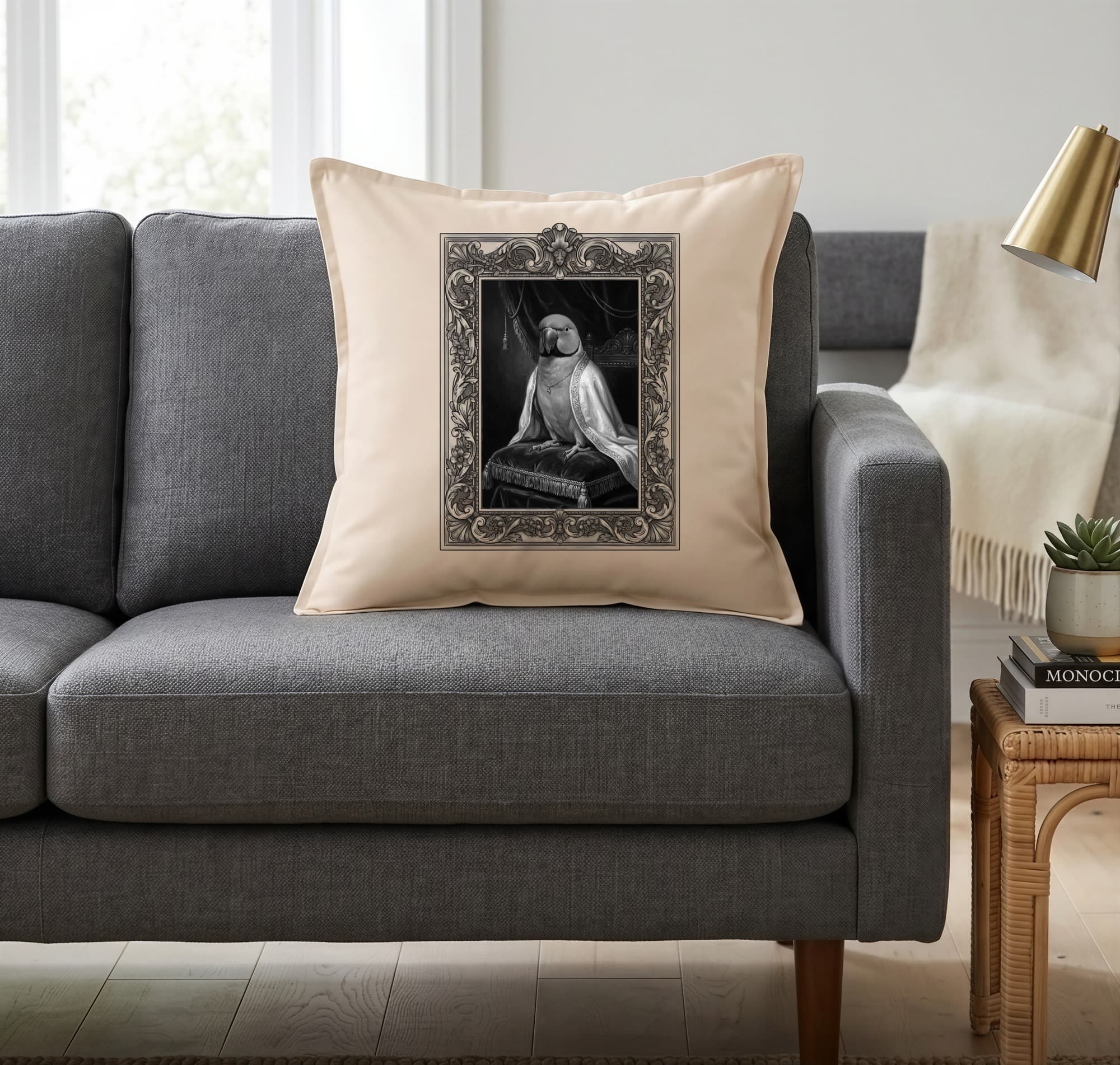 Derbyan Parakeet Renaissance Portrait Throw Cushion (Framed Design) 2