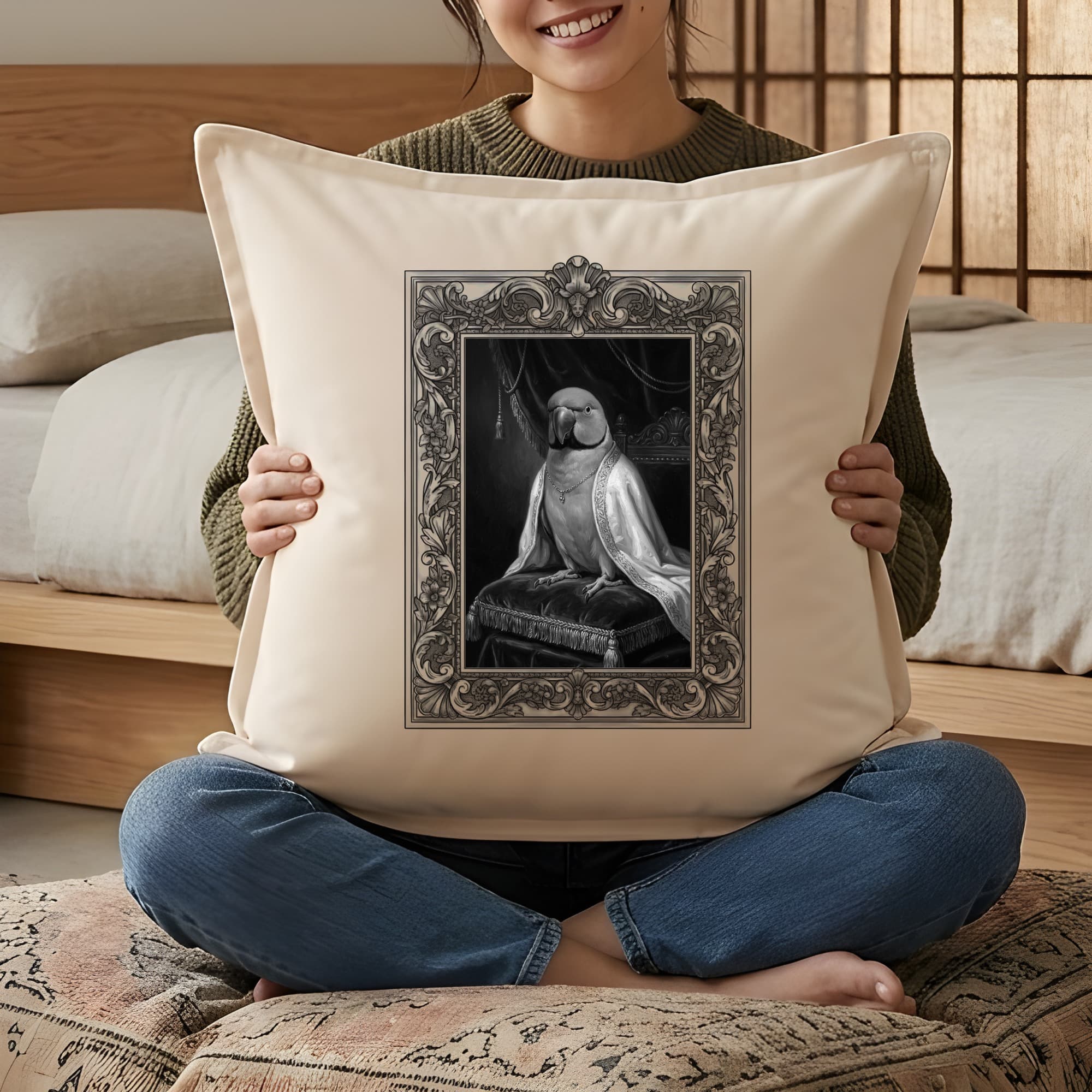 Derbyan Parakeet Renaissance Portrait Throw Cushion (Framed Design) 3