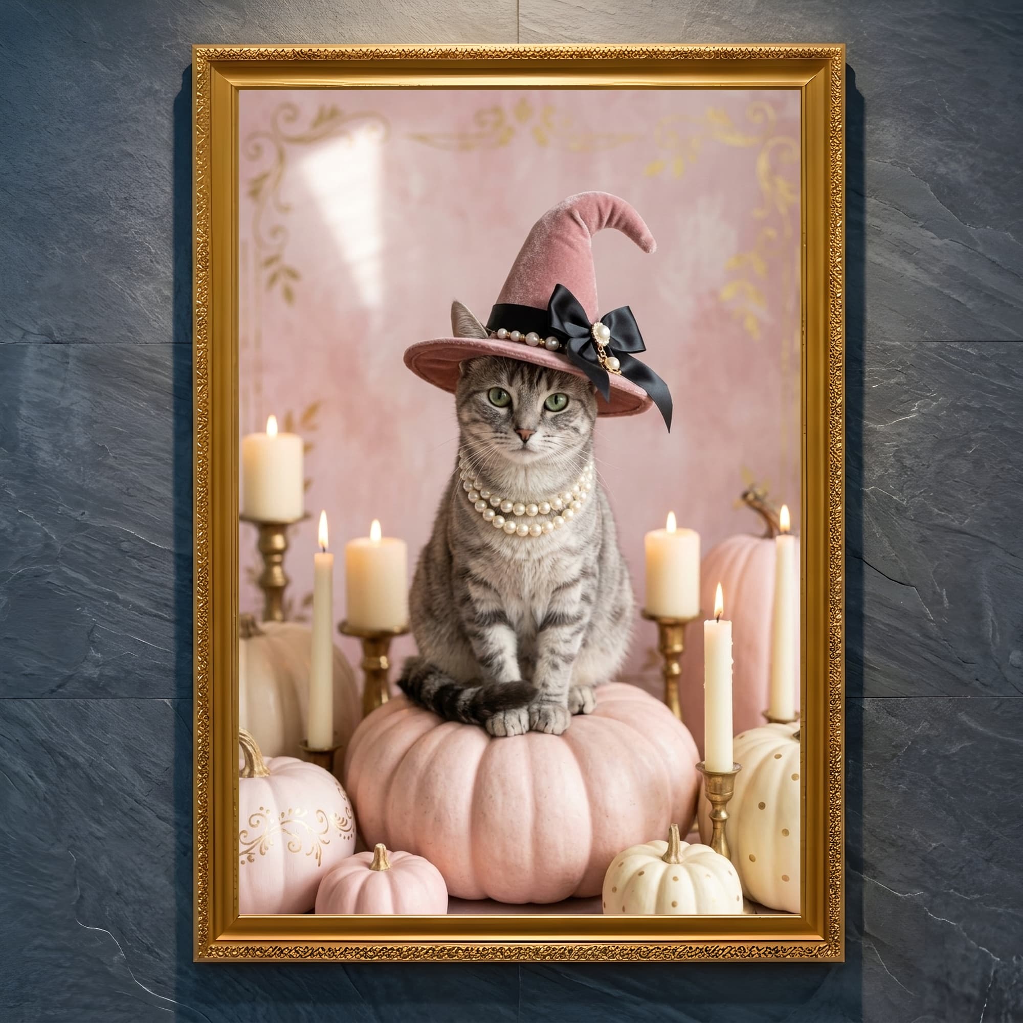 アメリカンショートヘアのかぼちゃとキャンドルの油絵風アートハロウィン額装プリント(A4金縁)