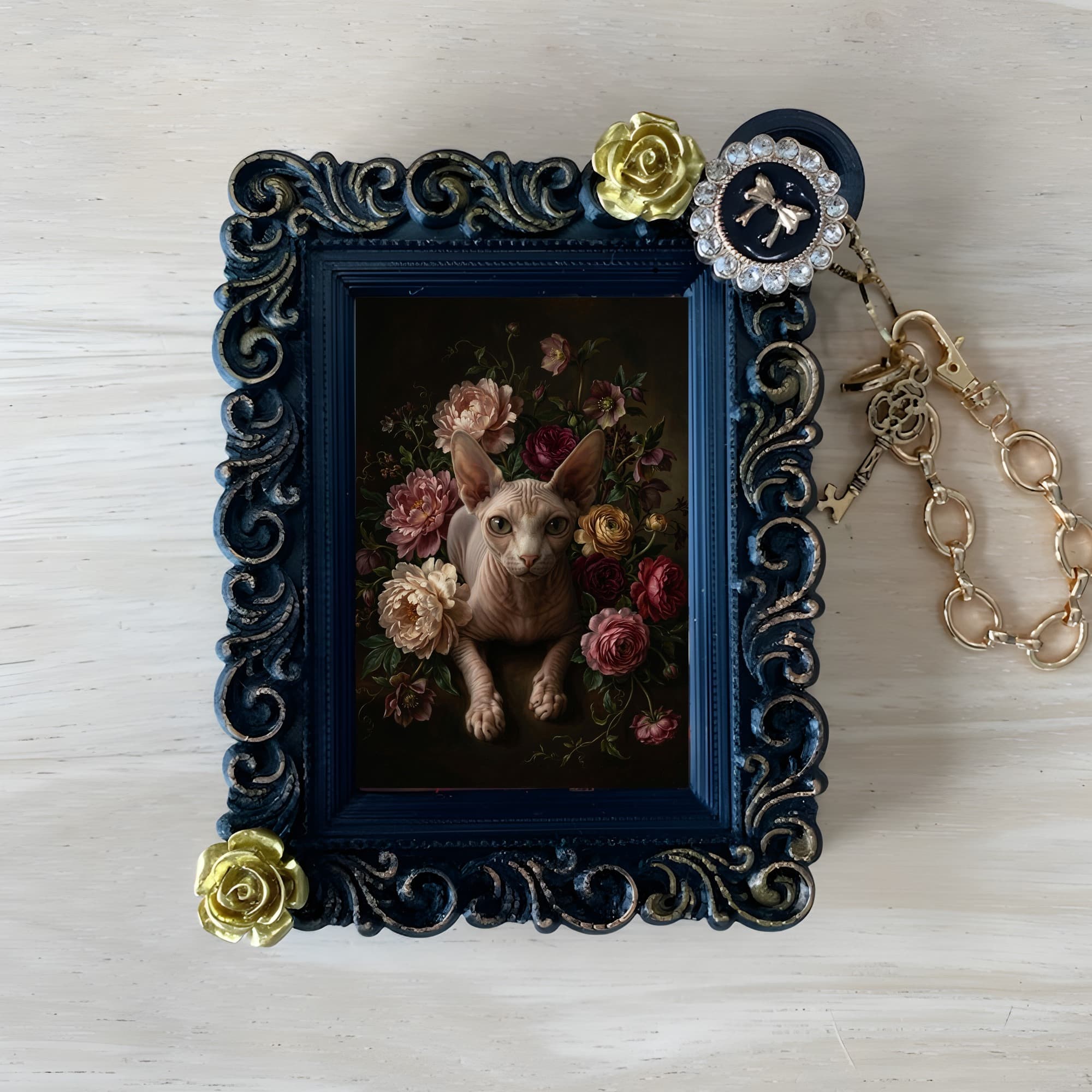 Sphynx Floral Oil-Painting Floral Bag Charm (Black)