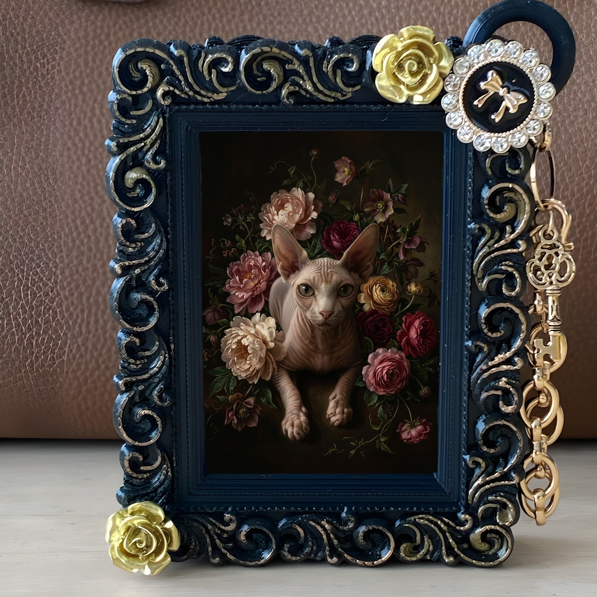 Sphynx Floral Oil-Painting Floral Bag Charm (Black) 2