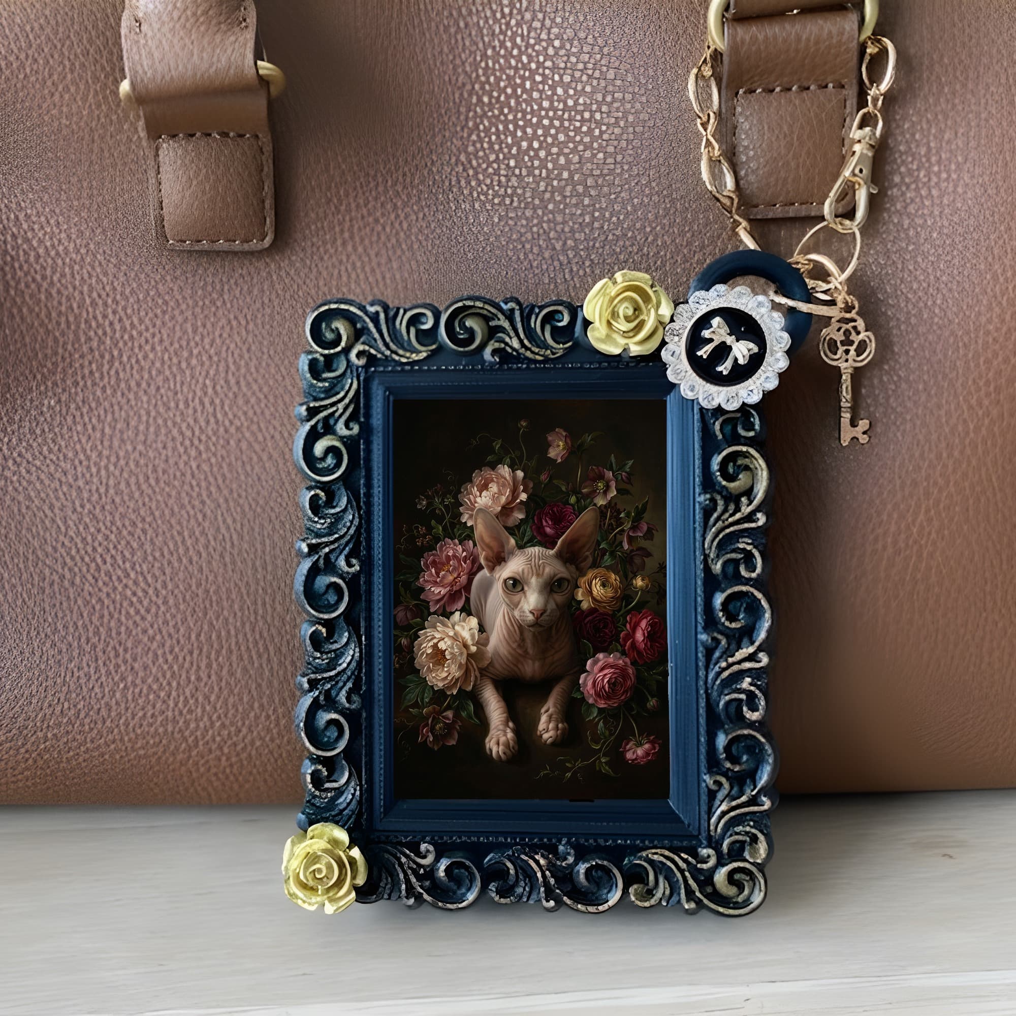 Sphynx Floral Oil-Painting Floral Bag Charm (Black) 3
