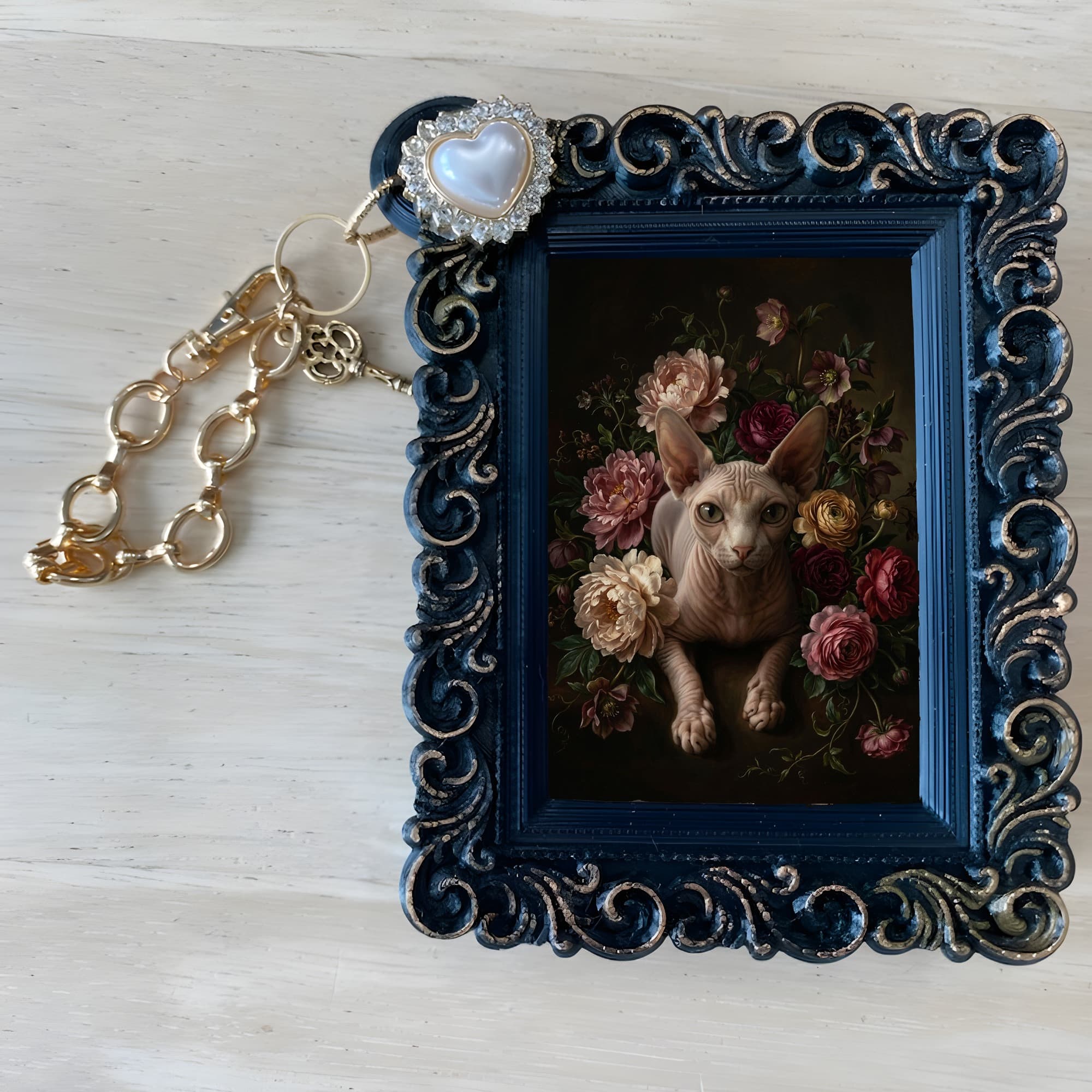 Sphynx Floral Oil-Painting Floral Bag Charm (Black) 4