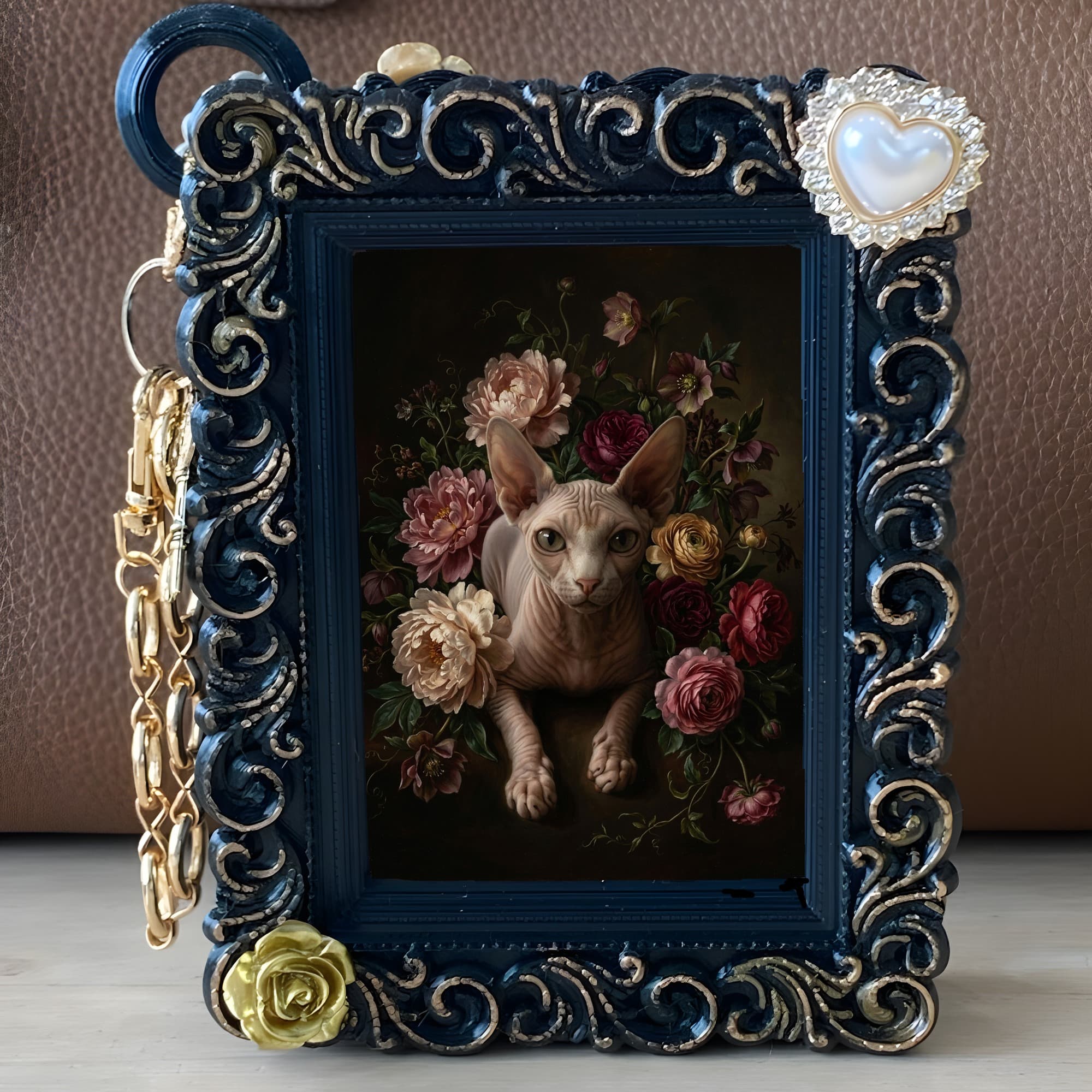 Sphynx Floral Oil-Painting Floral Bag Charm (Black) 5