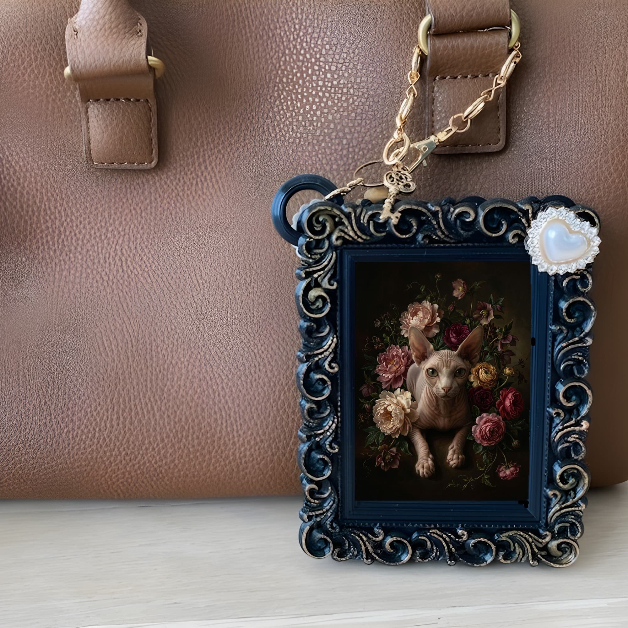 Sphynx Floral Oil-Painting Floral Bag Charm (Black) 6