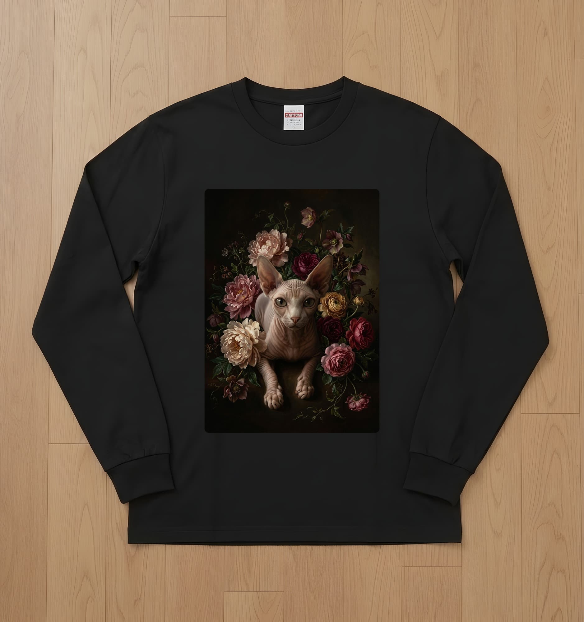 スフィンクスの花の油絵風アート花柄長袖Tシャツ(ブラック)