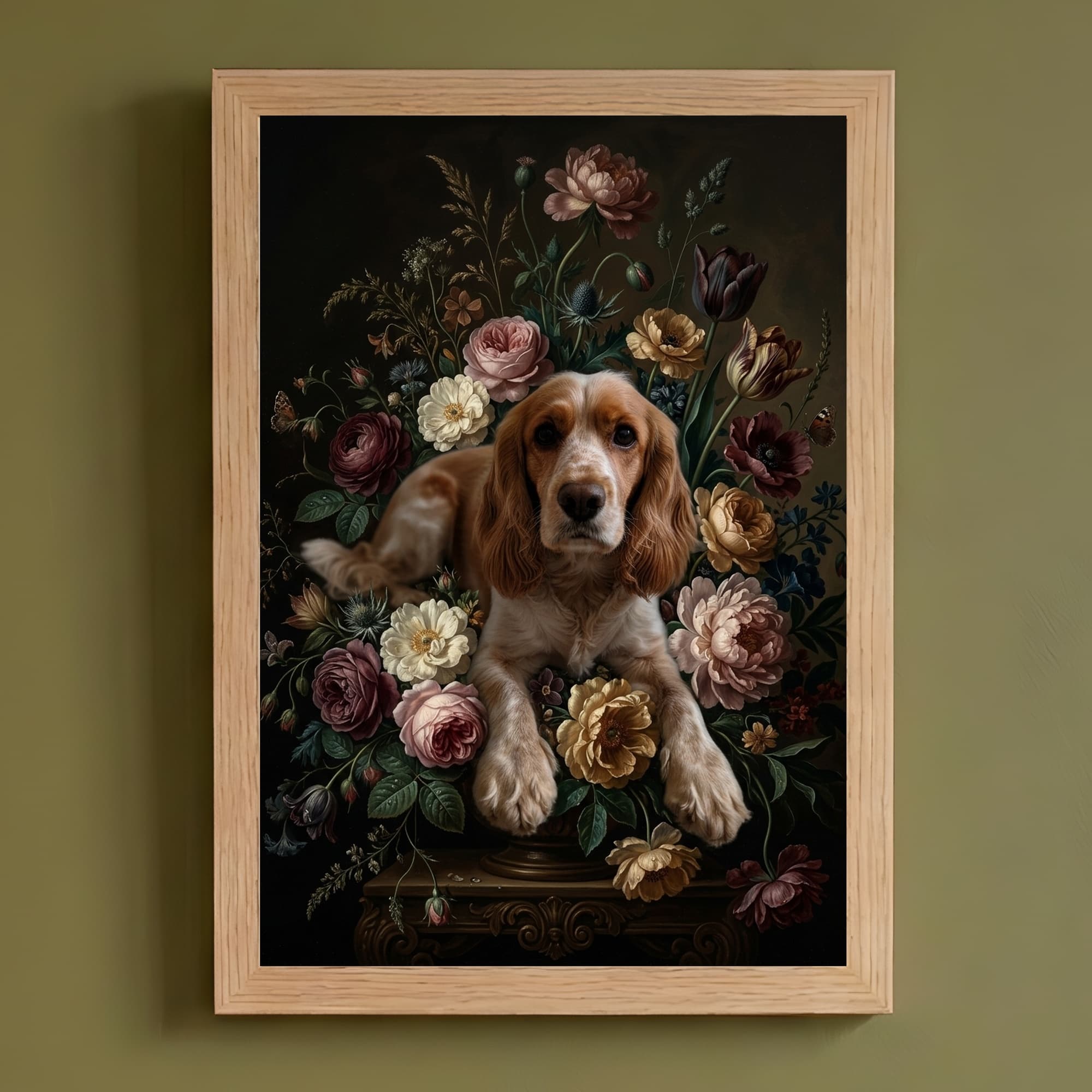 コッカースパニエルの花の油絵風アート花柄額装プリント(A4サイズ)