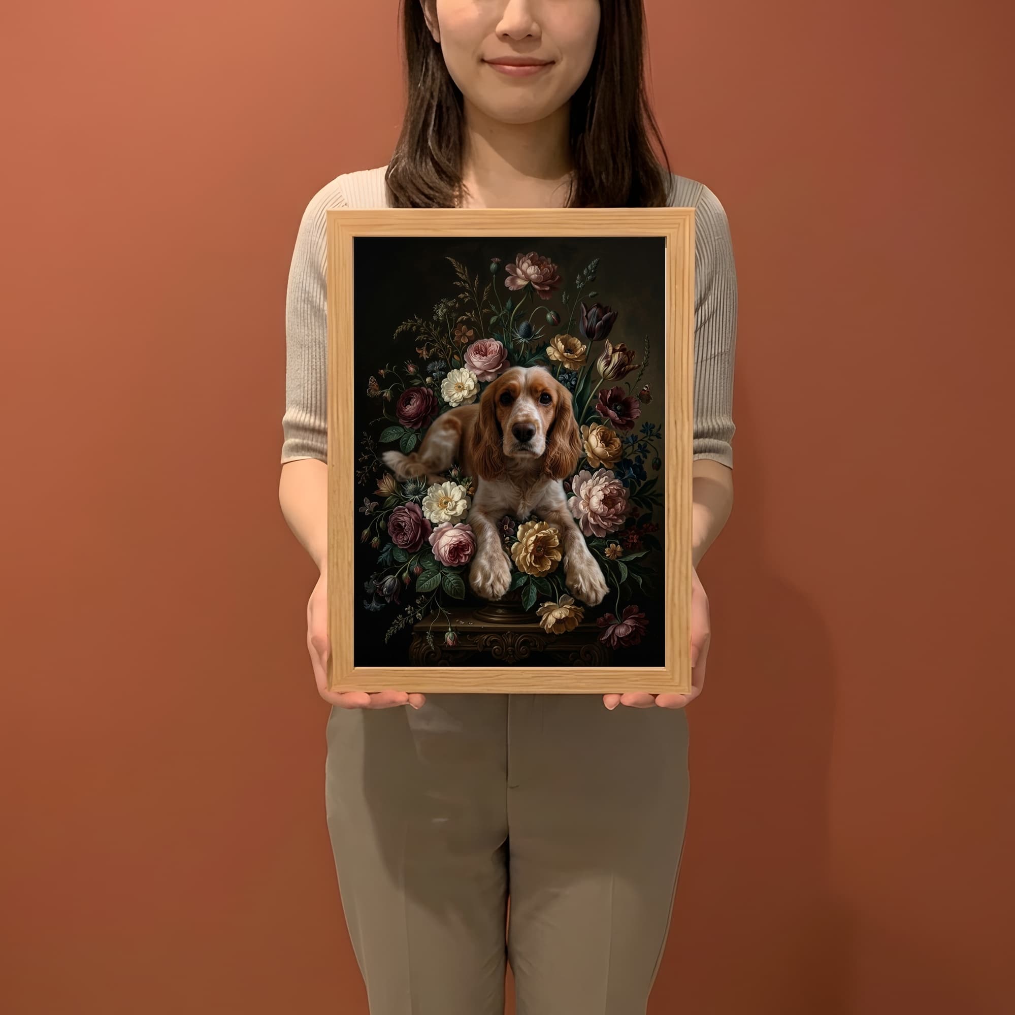 コッカースパニエルの花の油絵風アート花柄額装プリント(A4サイズ) 2