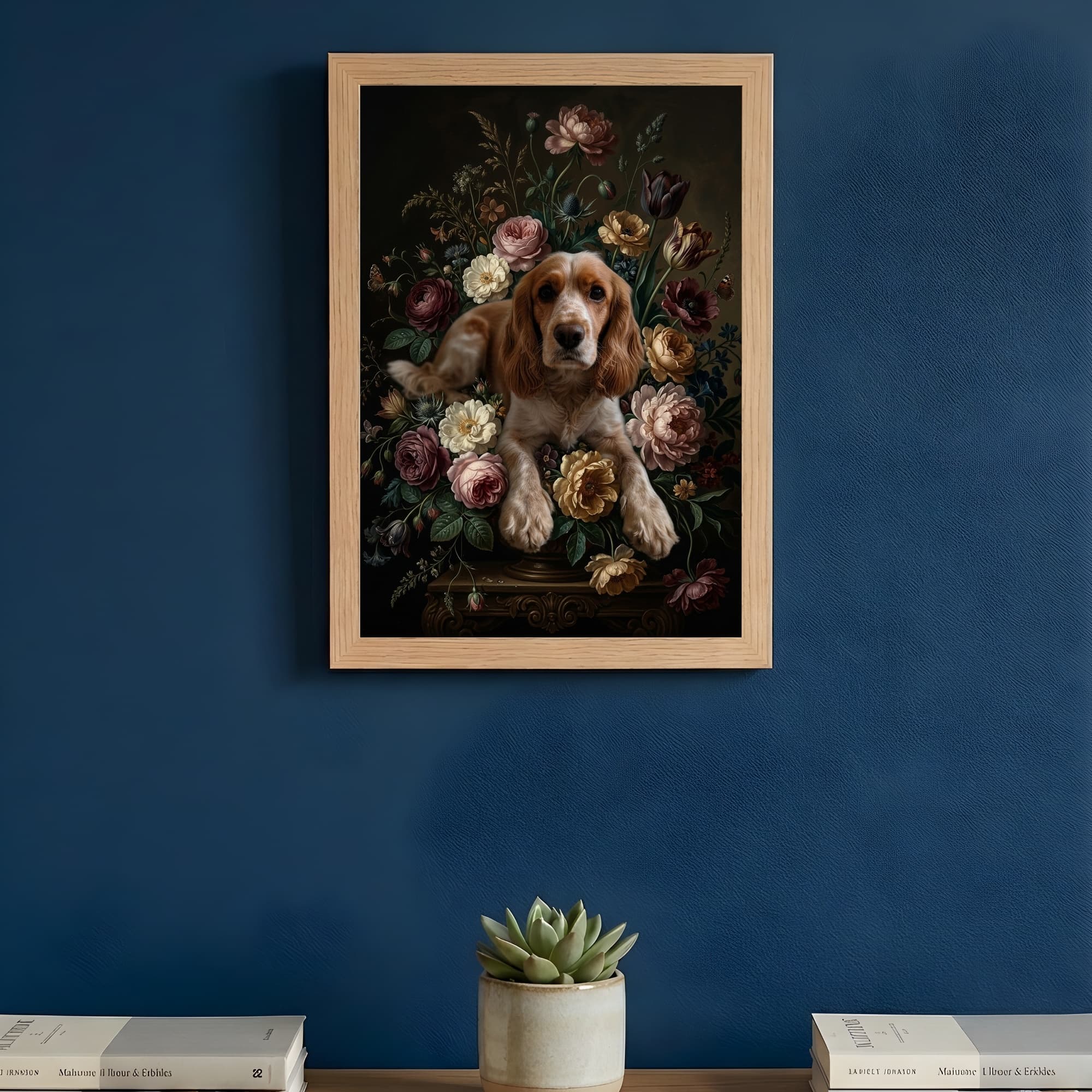 コッカースパニエルの花の油絵風アート花柄額装プリント(A4サイズ) 3