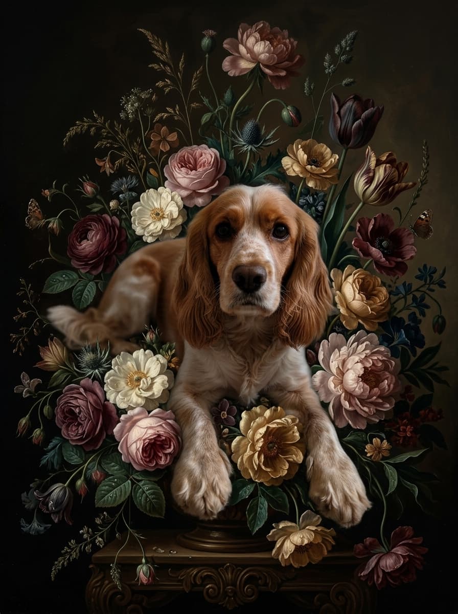 コッカースパニエルの花の油絵風アート花柄額装プリント(A4サイズ) 4