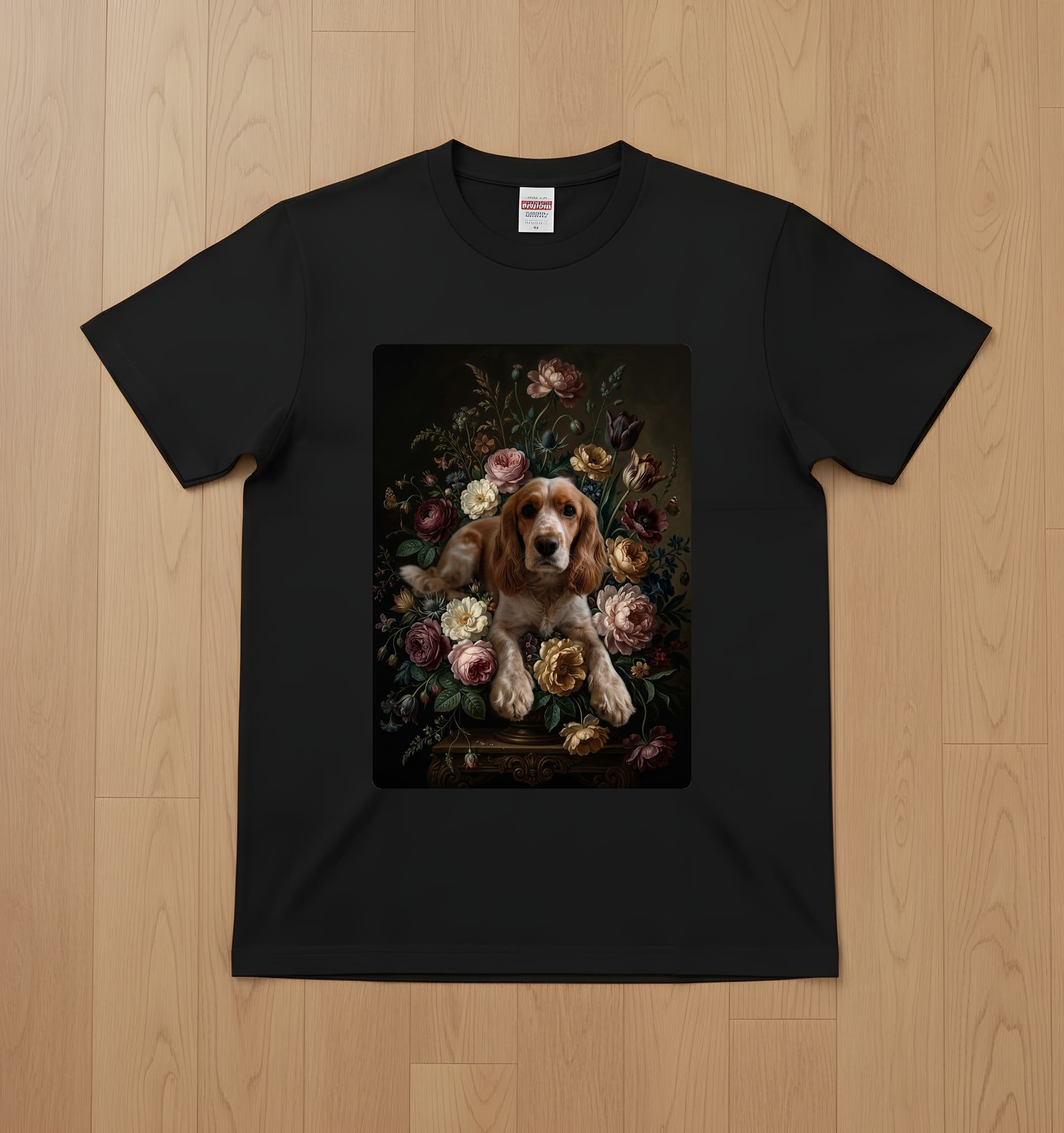 コッカースパニエルの花の油絵風アート花柄Tシャツ(ブラック)