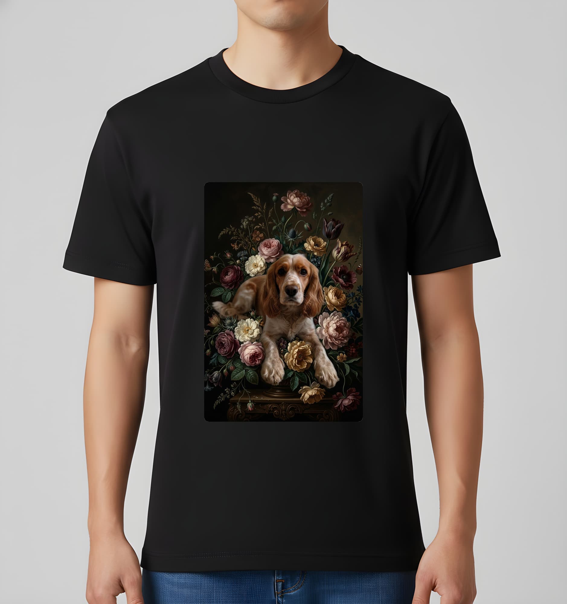 cocker spaniel Floral Oil-Painting Floral T-Shirt (Black) 3
