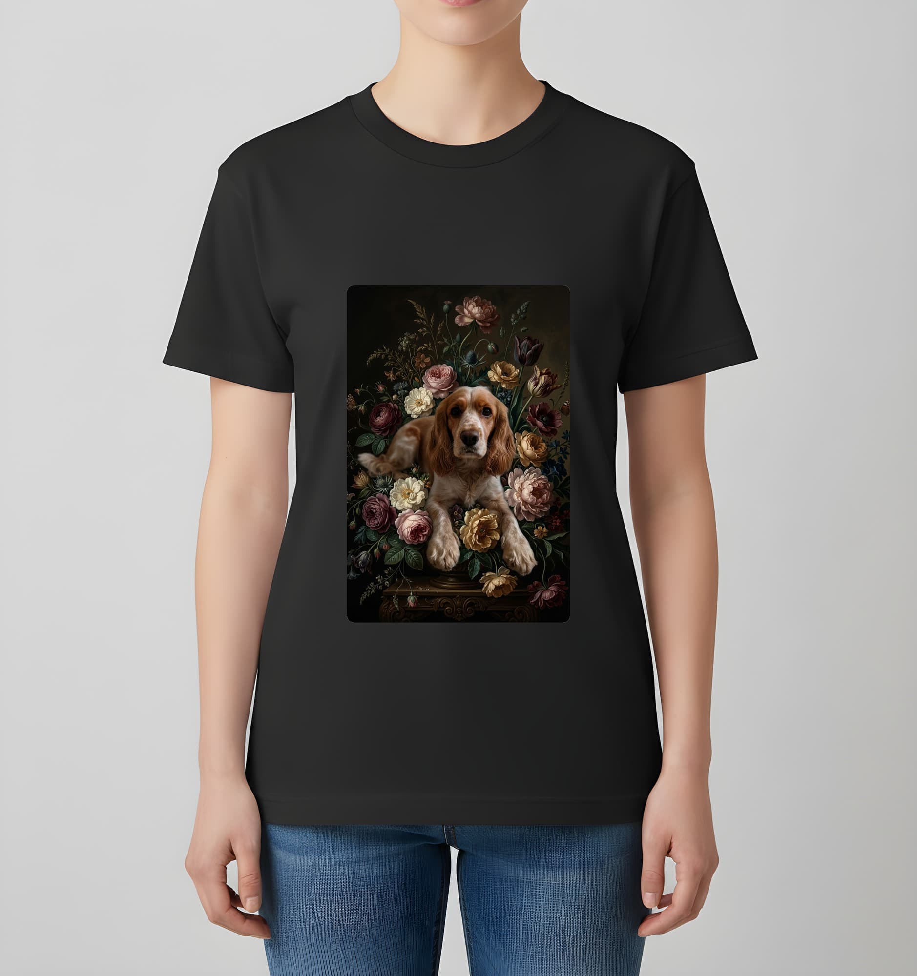cocker spaniel Floral Oil-Painting Floral T-Shirt (Black) 4