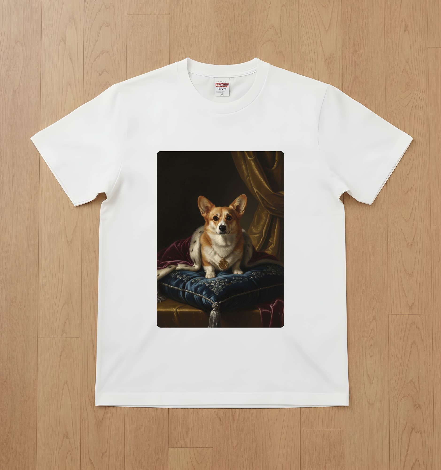 コーギーのルネサンス肖像画Tシャツ(ホワイト・カラープリント・額縁なし)