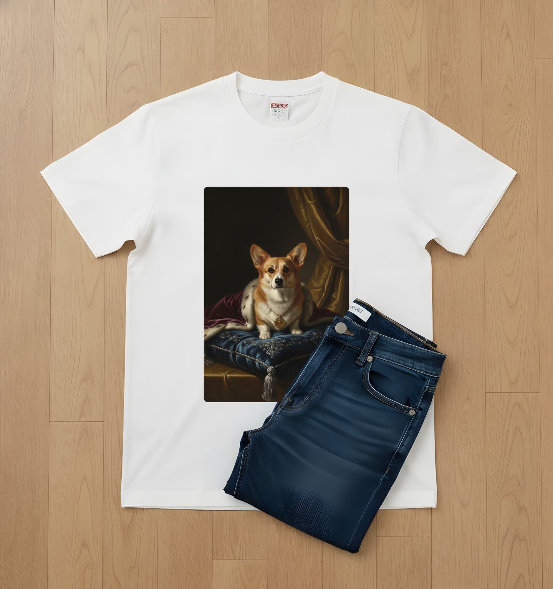 コーギーのルネサンス肖像画Tシャツ(ホワイト・カラープリント・額縁なし) 2