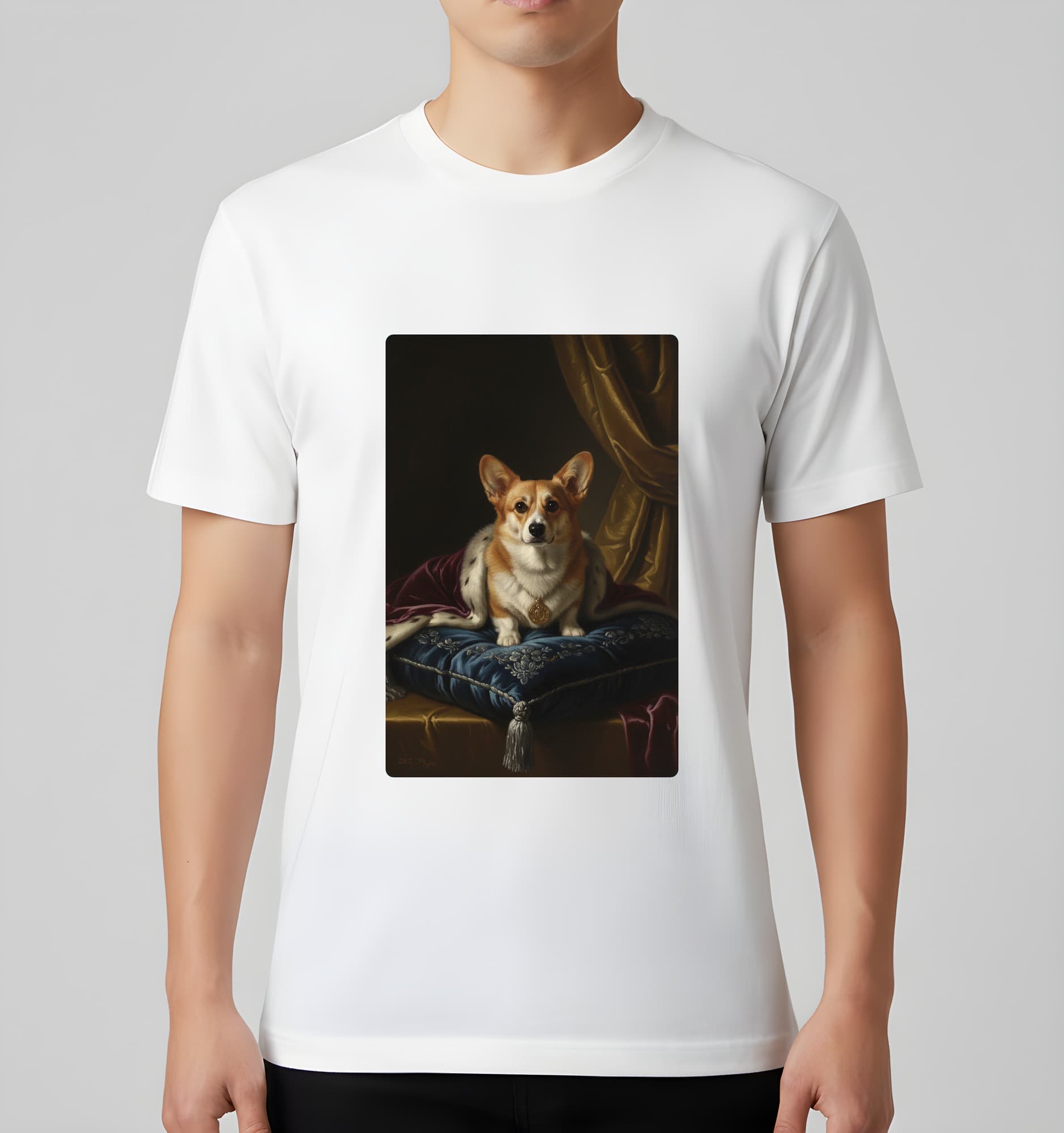 コーギーのルネサンス肖像画Tシャツ(ホワイト・カラープリント・額縁なし) 3