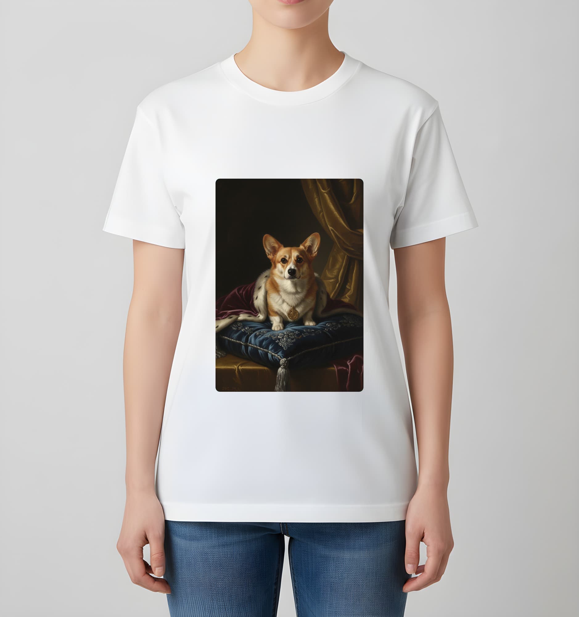 コーギーのルネサンス肖像画Tシャツ(ホワイト・カラープリント・額縁なし) 4