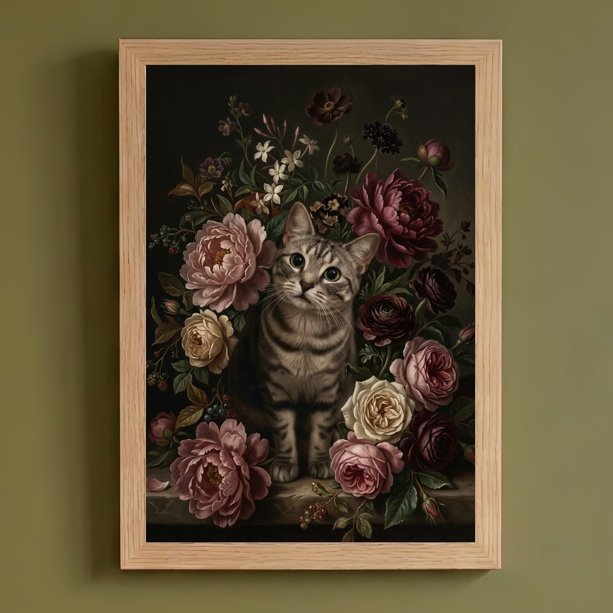 アメリカンショートヘアの花の油絵風アート花柄額装プリント(A4サイズ)