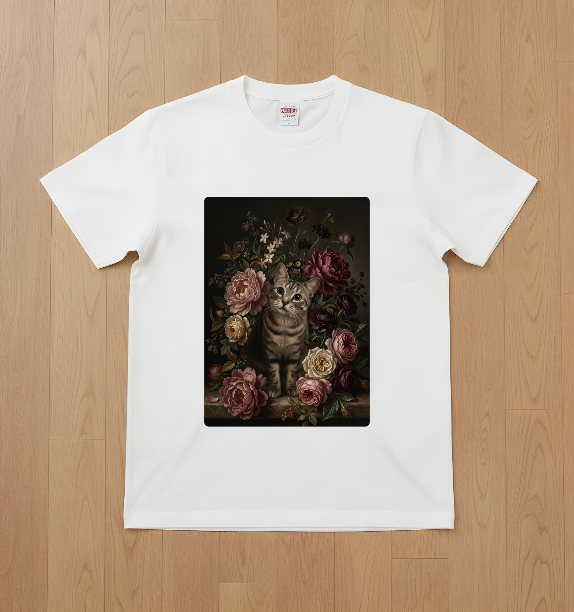 アメリカンショートヘアの花の油絵風アート花柄Tシャツ(ホワイト)