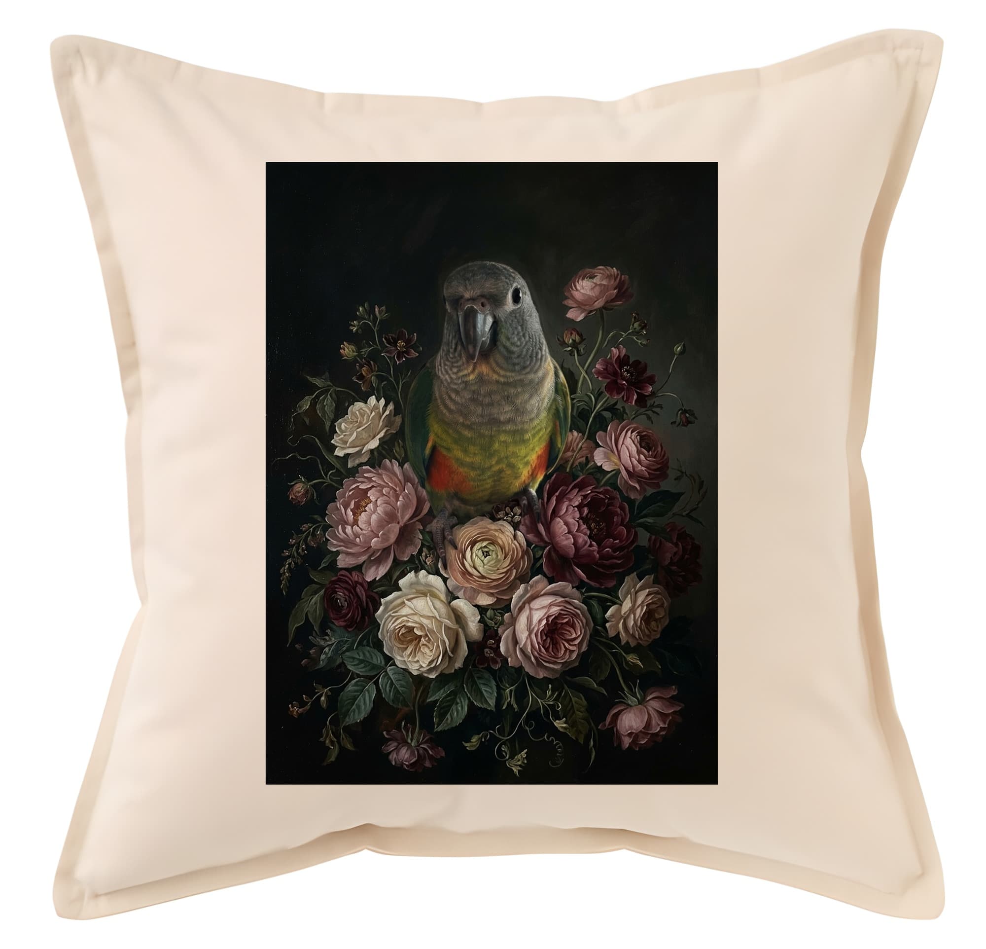 アカハラインコの花の油絵風アート花柄クッション