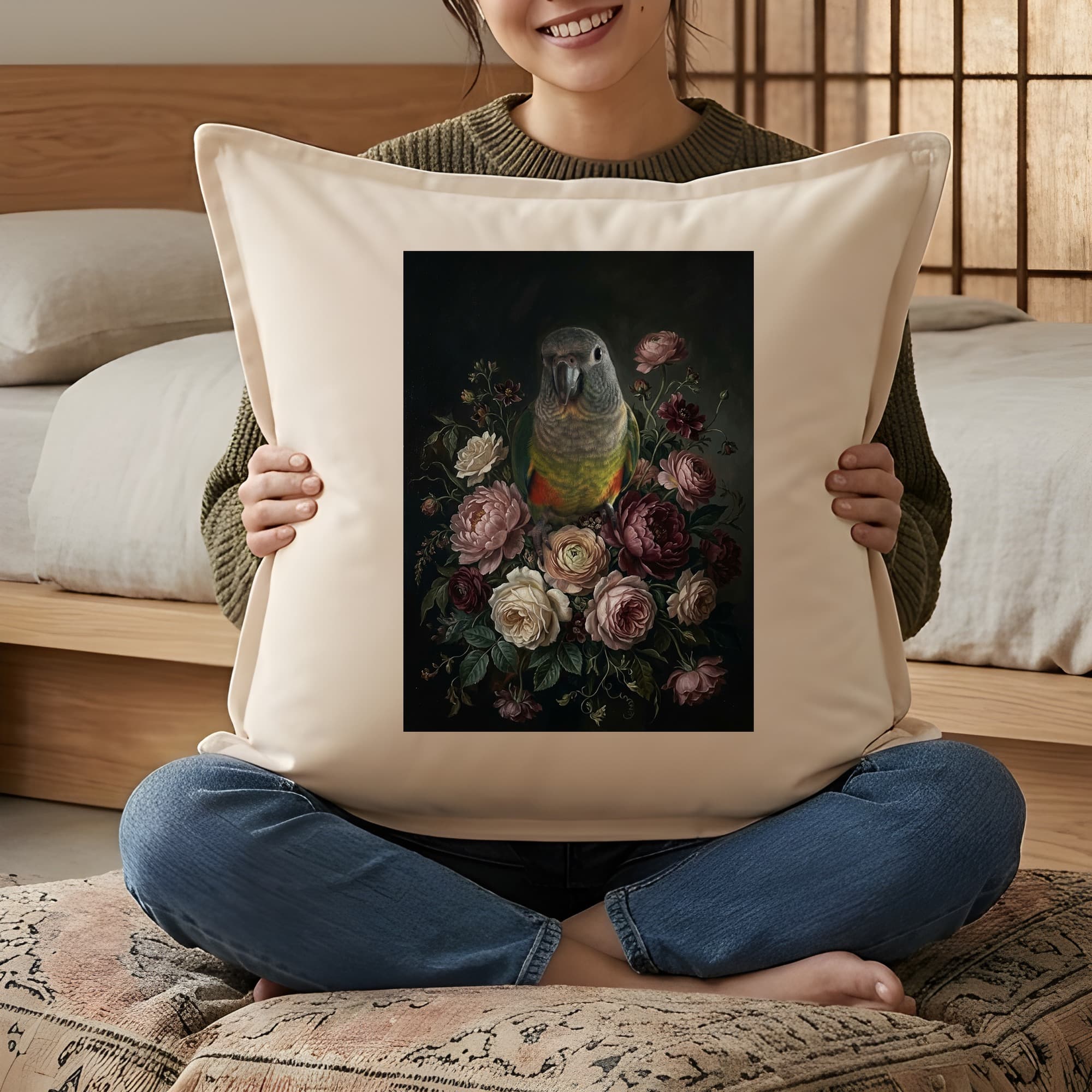アカハラインコの花の油絵風アート花柄クッション 3