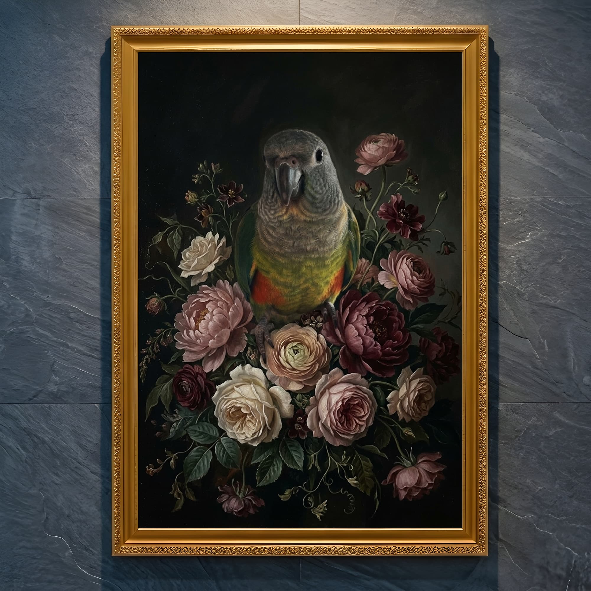 アカハラインコの花の油絵風アート花柄額装プリント(A4金縁)