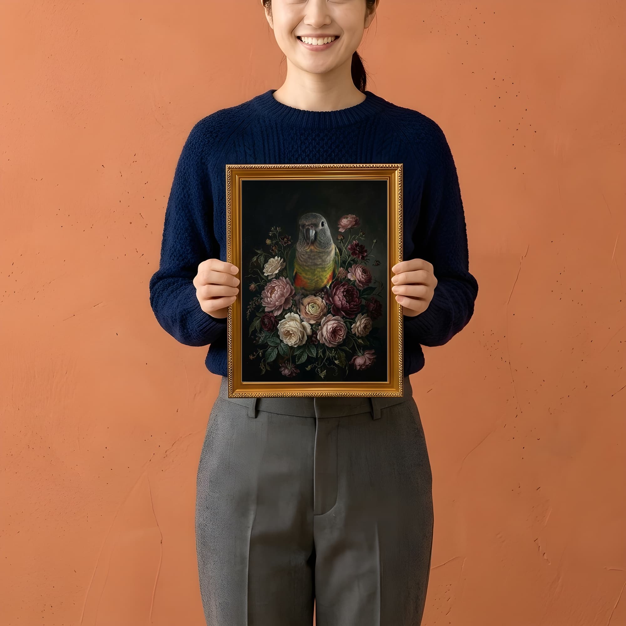 アカハラインコの花の油絵風アート花柄額装プリント(A4金縁) 2