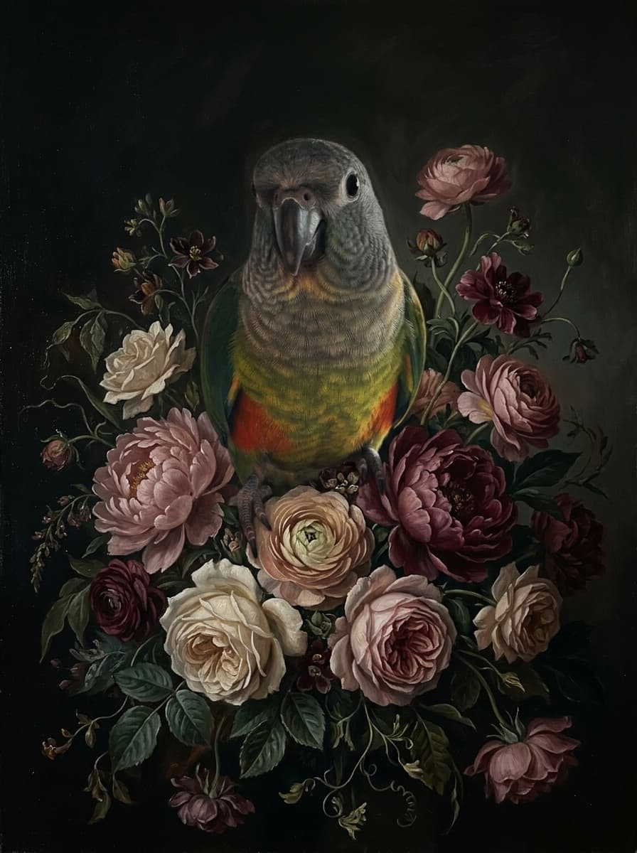 アカハラインコの花の油絵風アート花柄額装プリント(A4金縁) 4